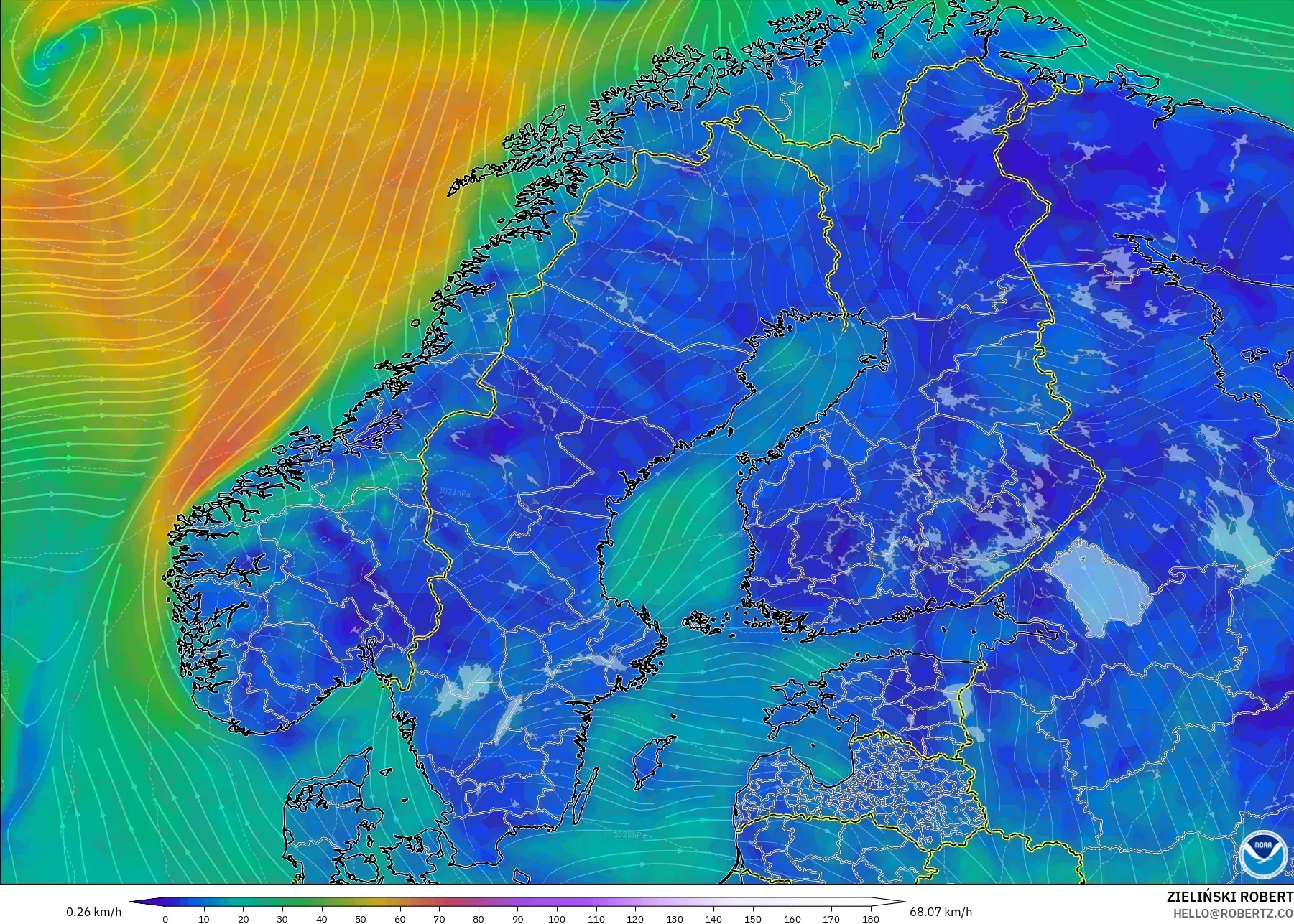 GFS model - Scandinavia, Wind at 10m