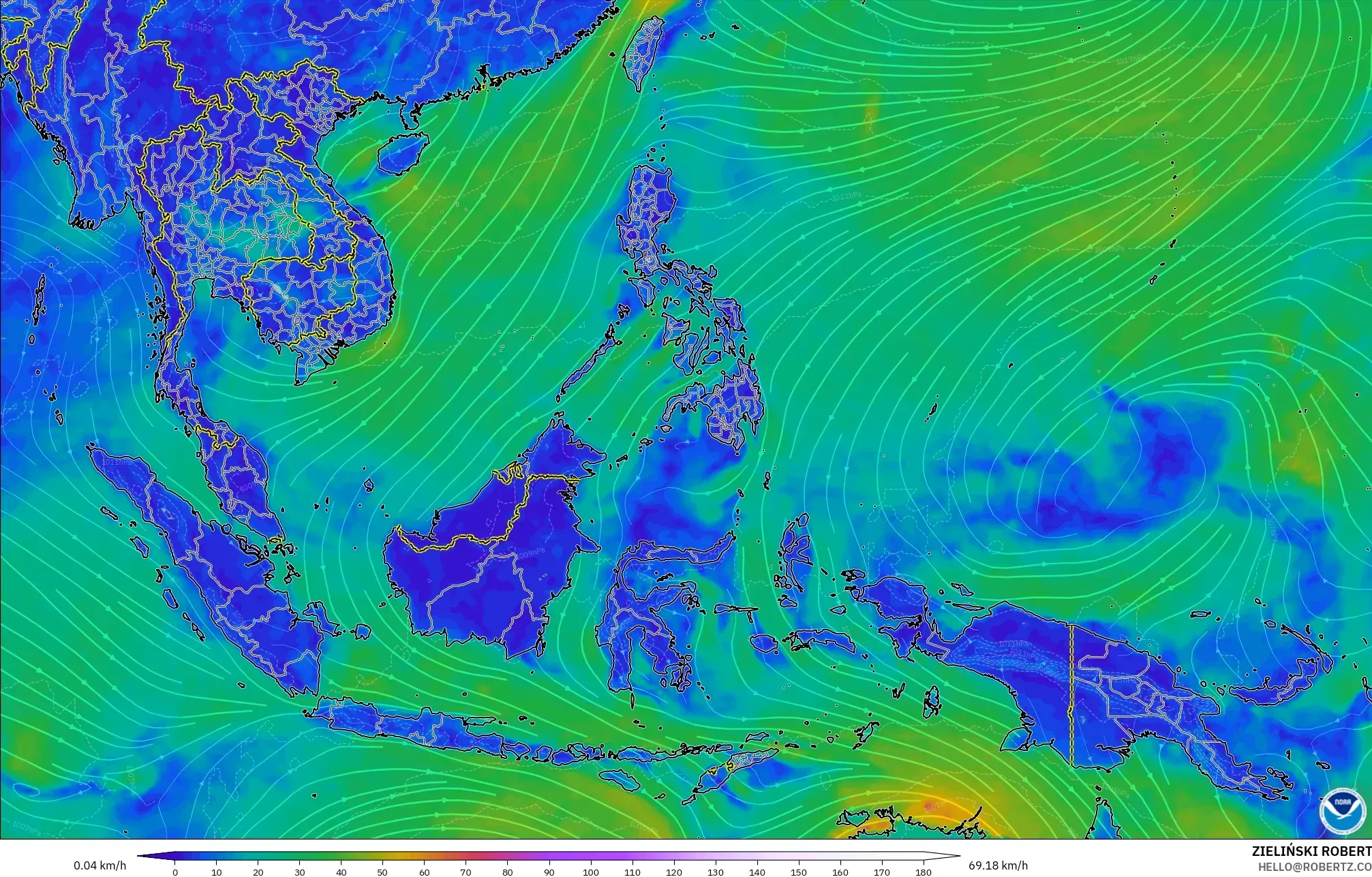 GFS model - South East Asia, Wind at 10m