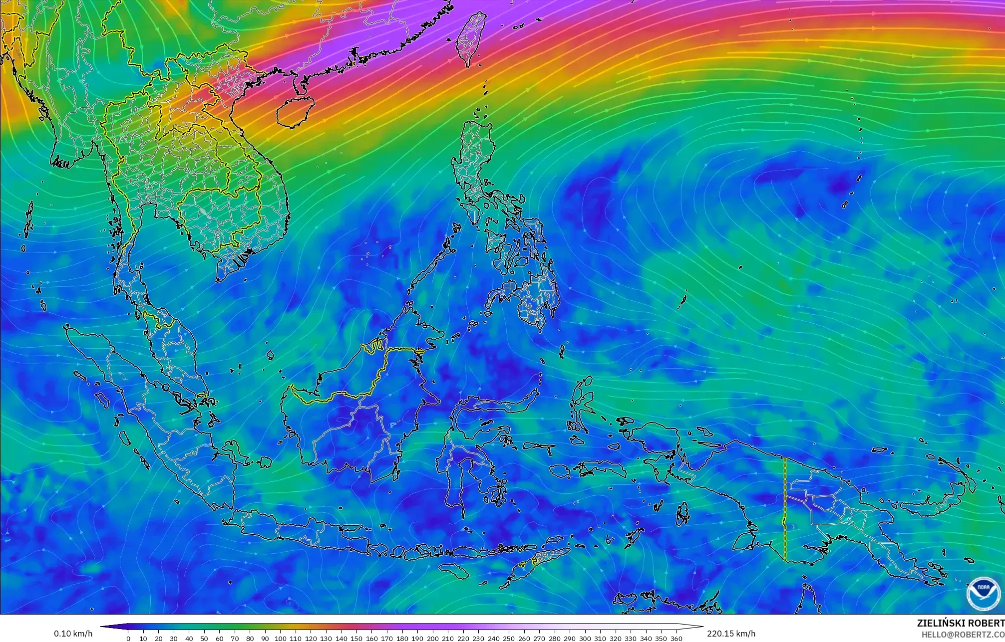 GFS model - South East Asia, Wind at 300hPa (jet stream)