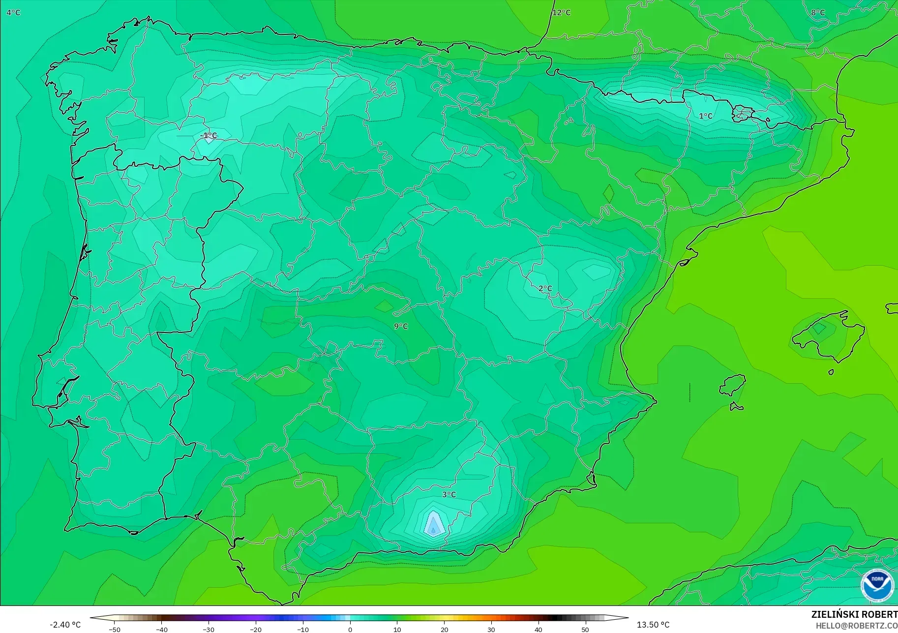 GFS model - Spain, Dewpoint at 2m