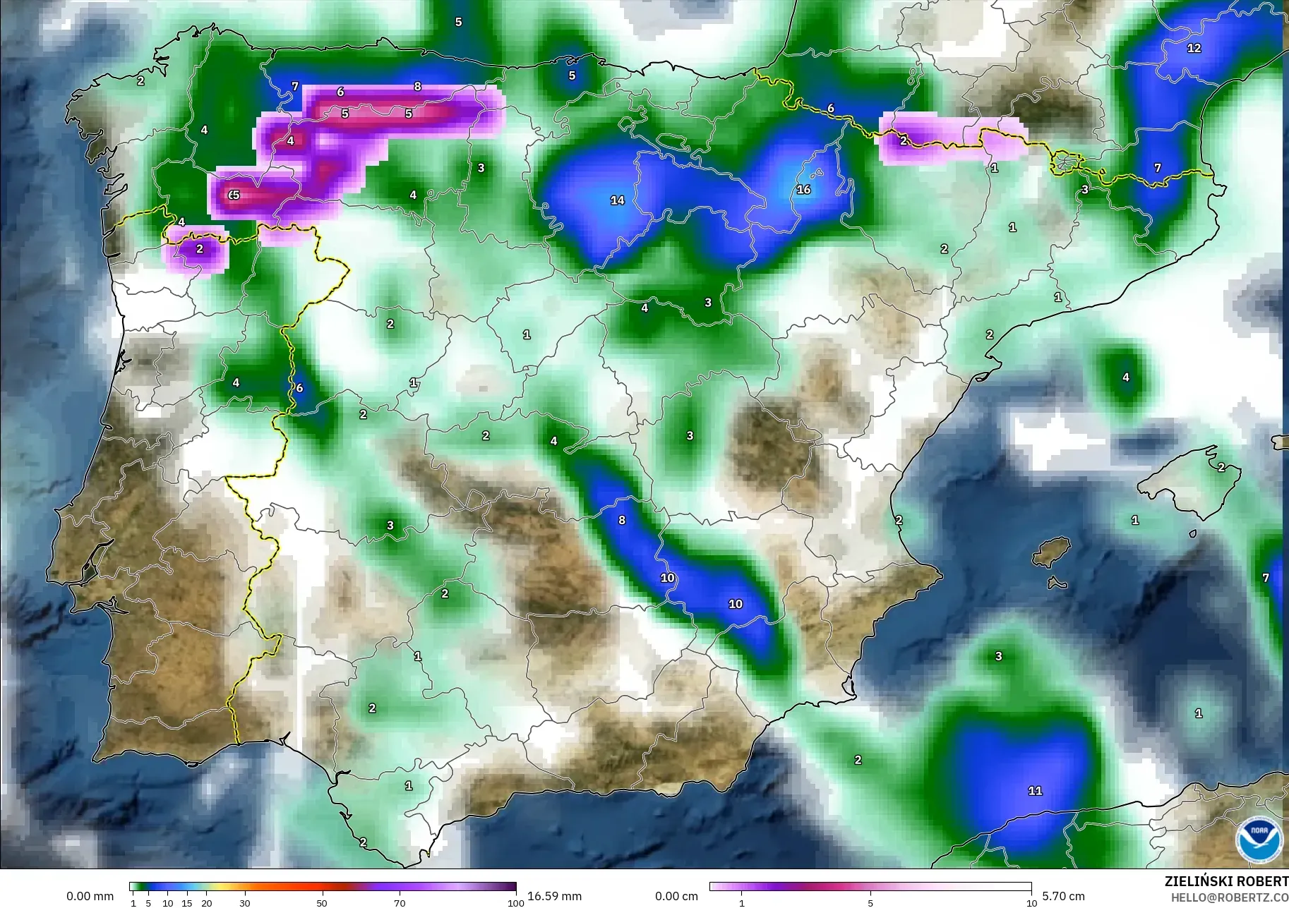 GFS model - Spain, Precipitation, Clouds, and Pressure