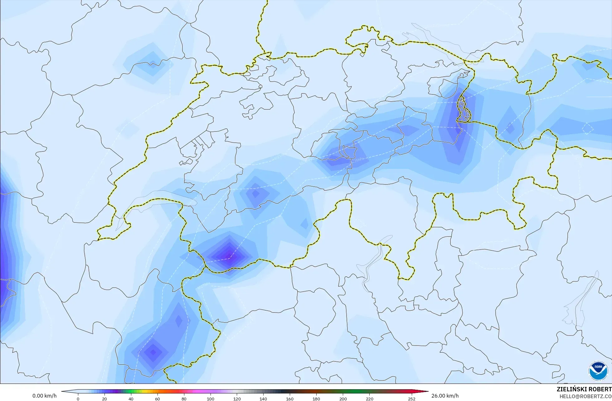 GFS model - Switzerland, Wind Gusts