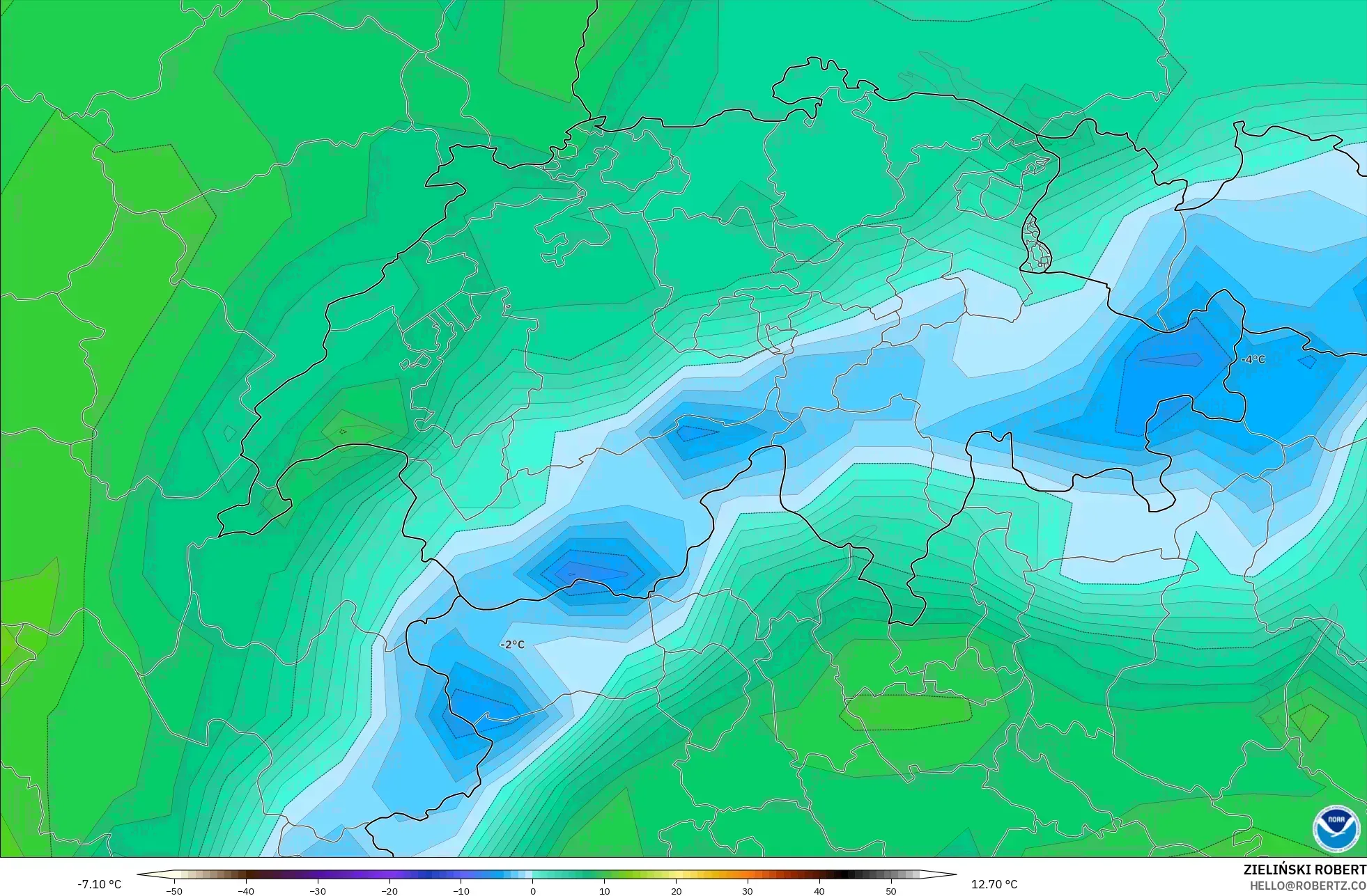 GFS model - Switzerland, Temperature at 2m