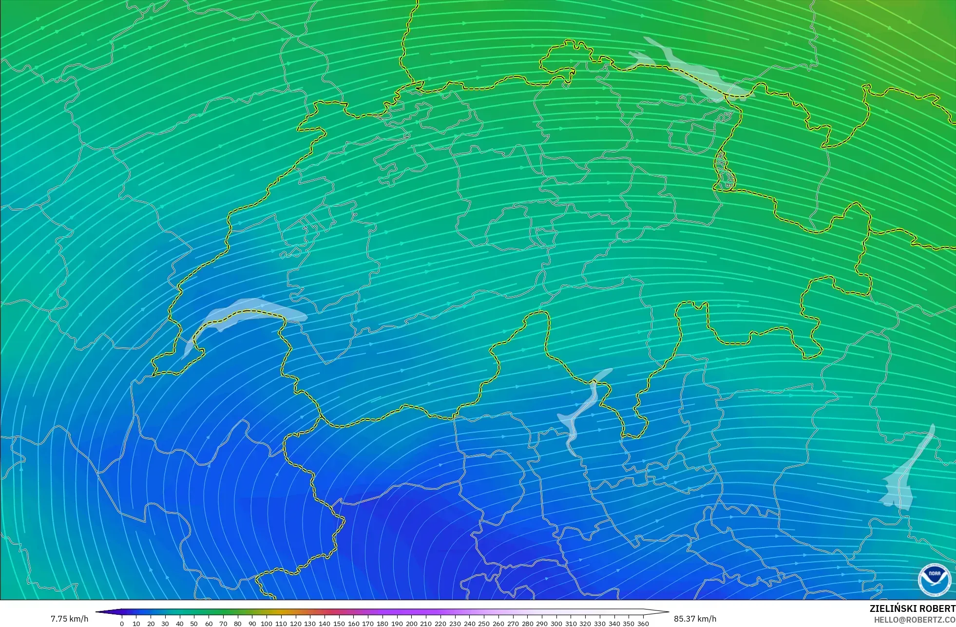 GFS model - Switzerland, Wind at 300hPa (jet stream)