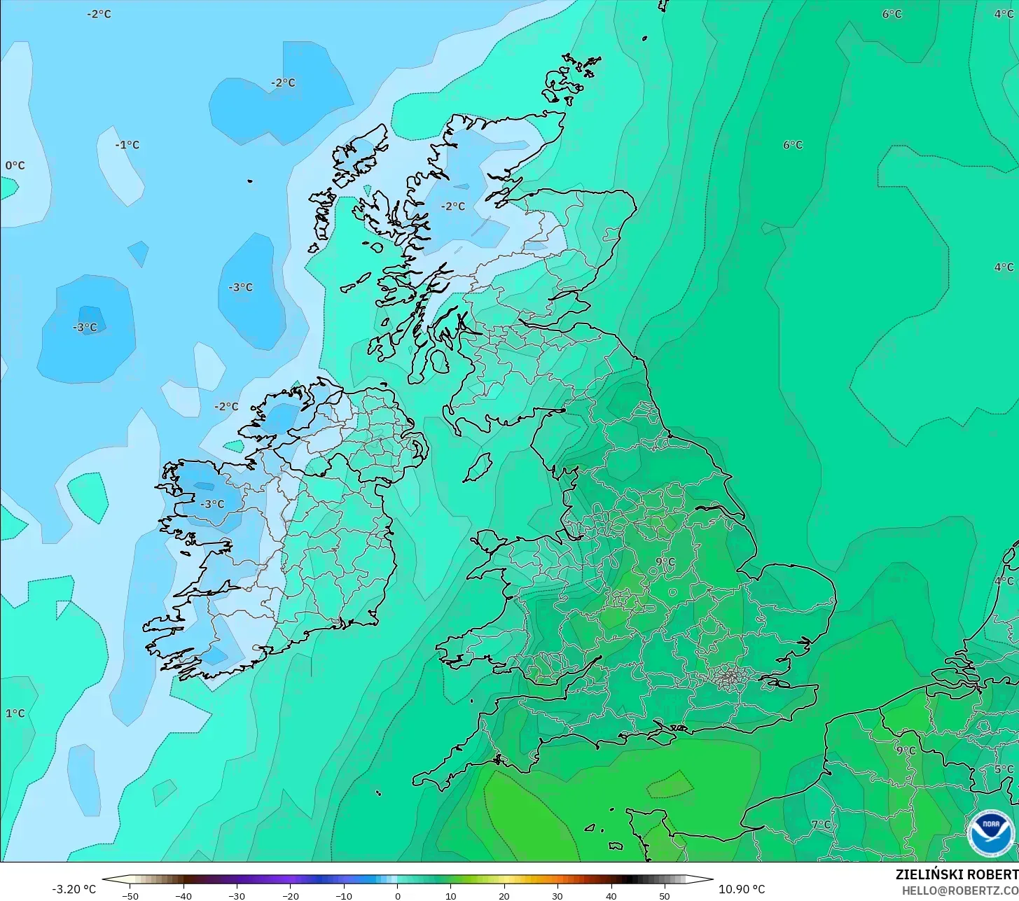GFS model - United Kingdom, Dewpoint at 2m