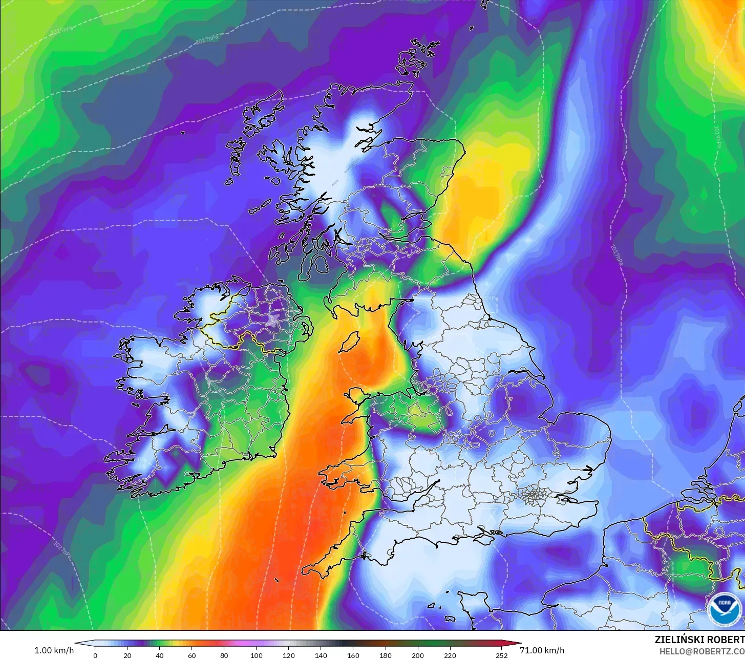GFS model - United Kingdom, Wind Gusts