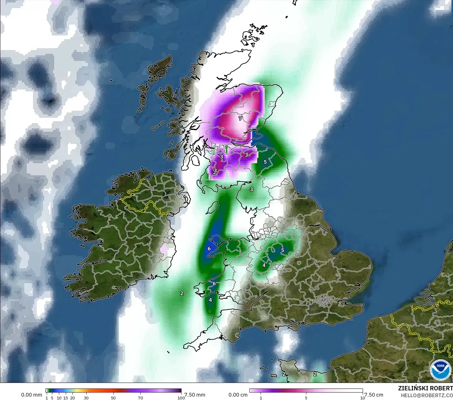 GFS model - United Kingdom, Precipitation, Clouds, and Pressure