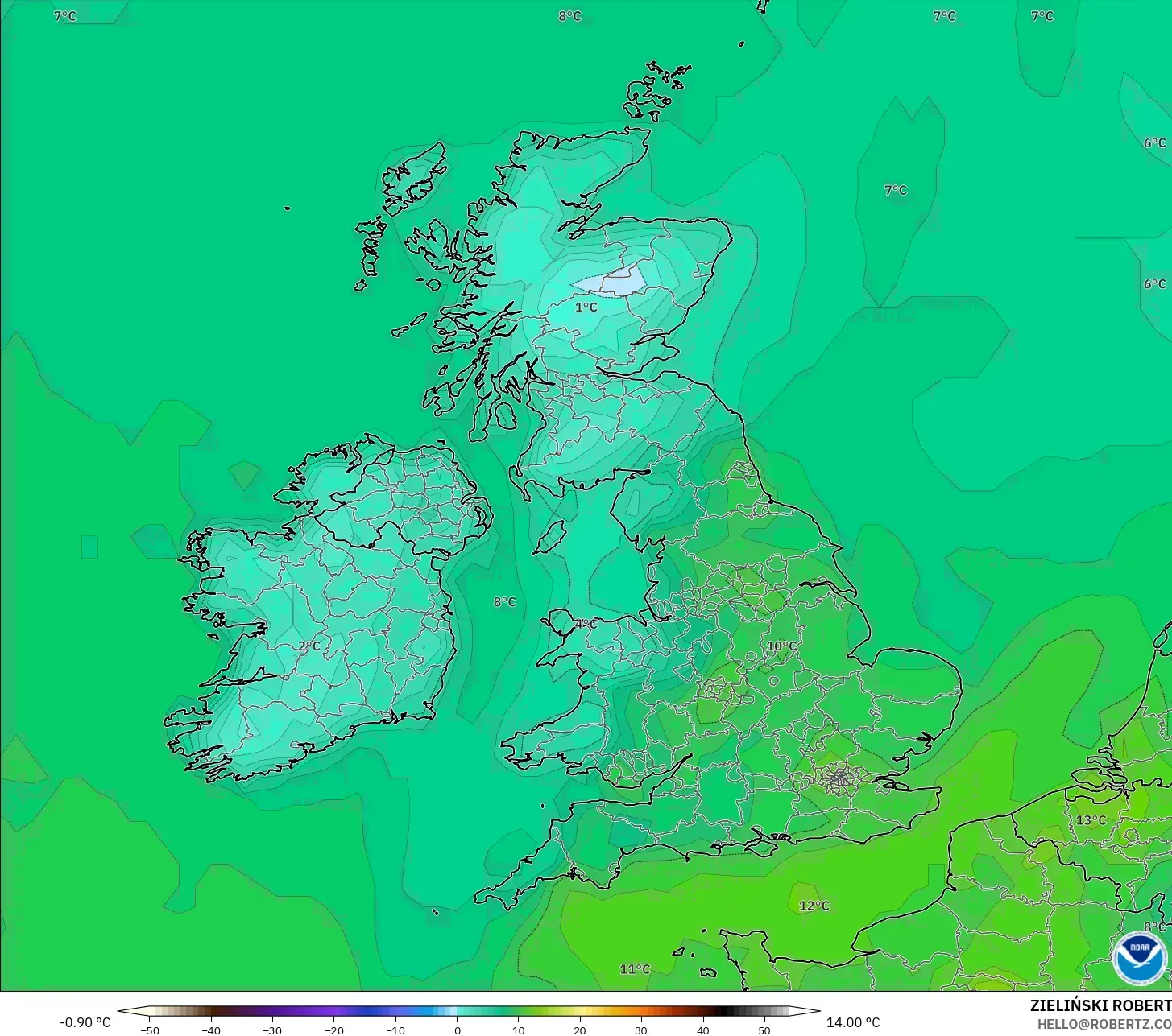 GFS model - United Kingdom, Temperature at 2m