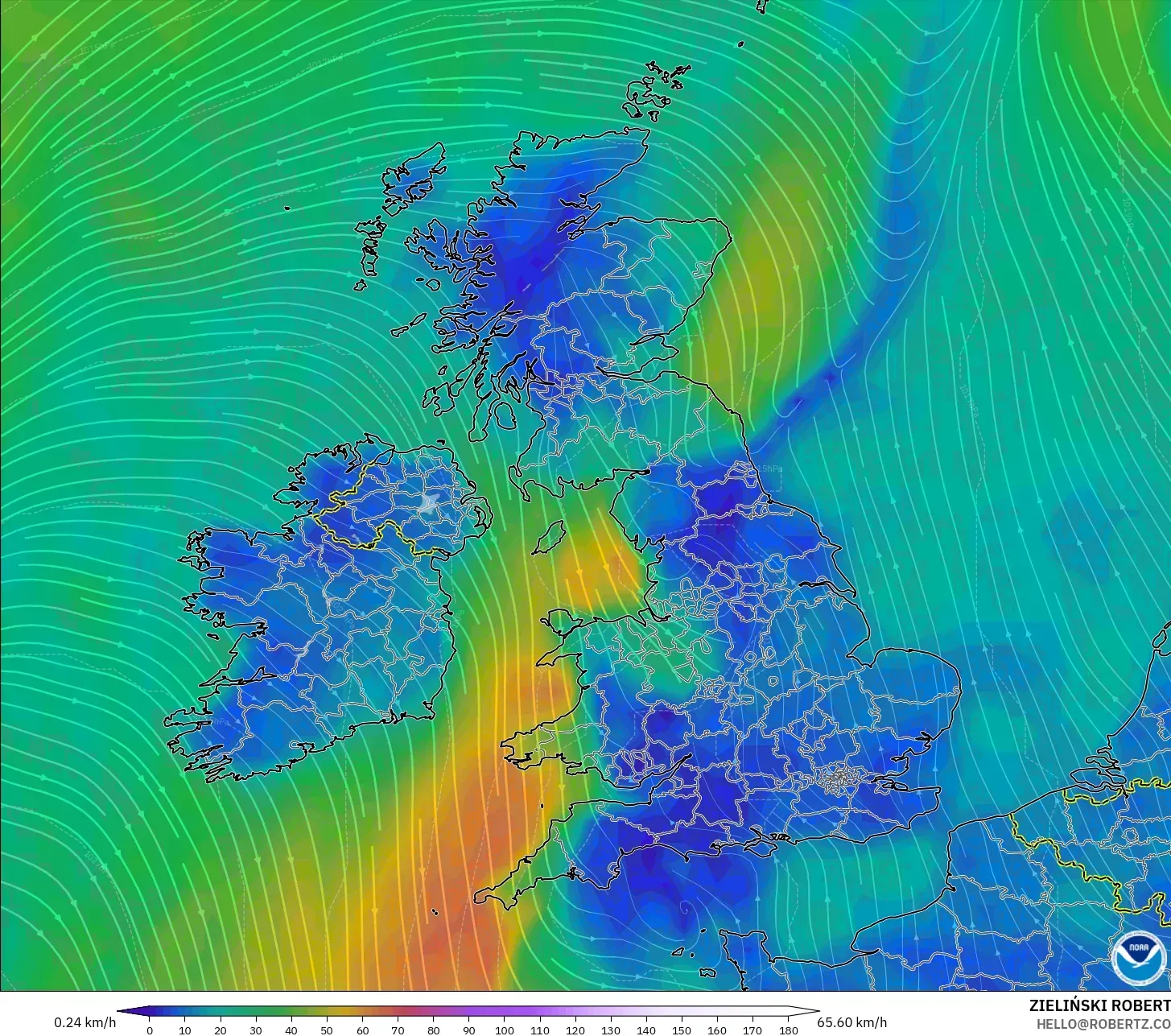 GFS model - United Kingdom, Wind at 10m