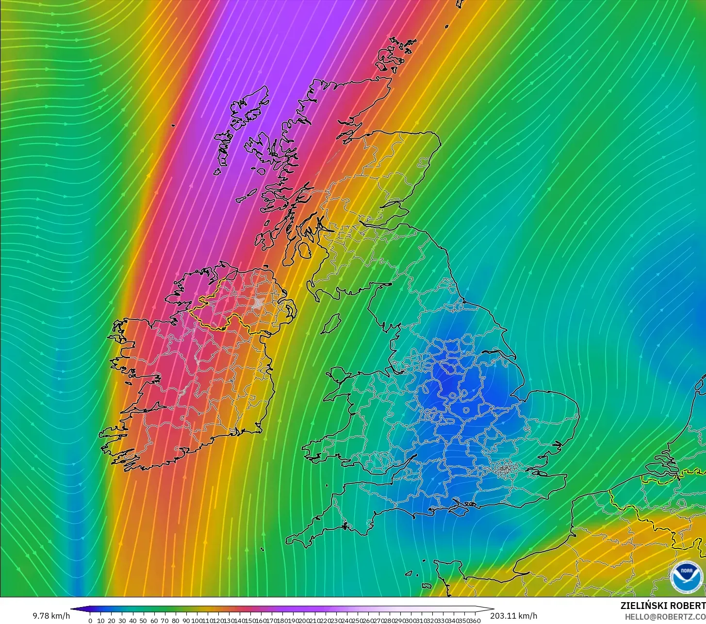 GFS model - United Kingdom, Wind at 300hPa (jet stream)
