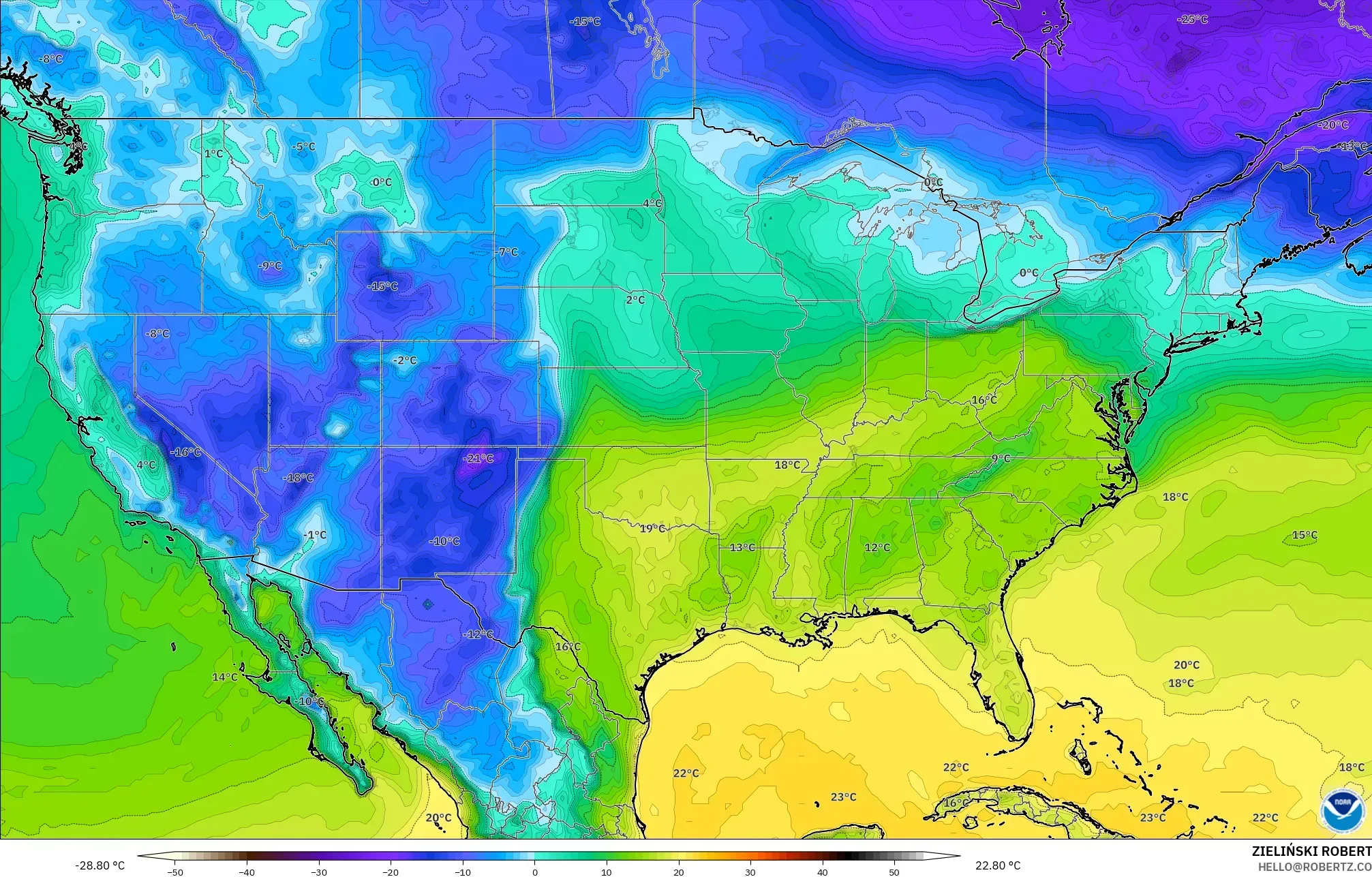 GFS model - United States, Dewpoint at 2m