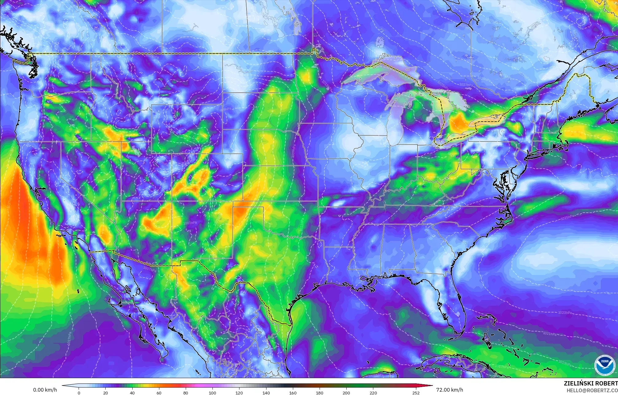 GFS model - United States, Wind Gusts