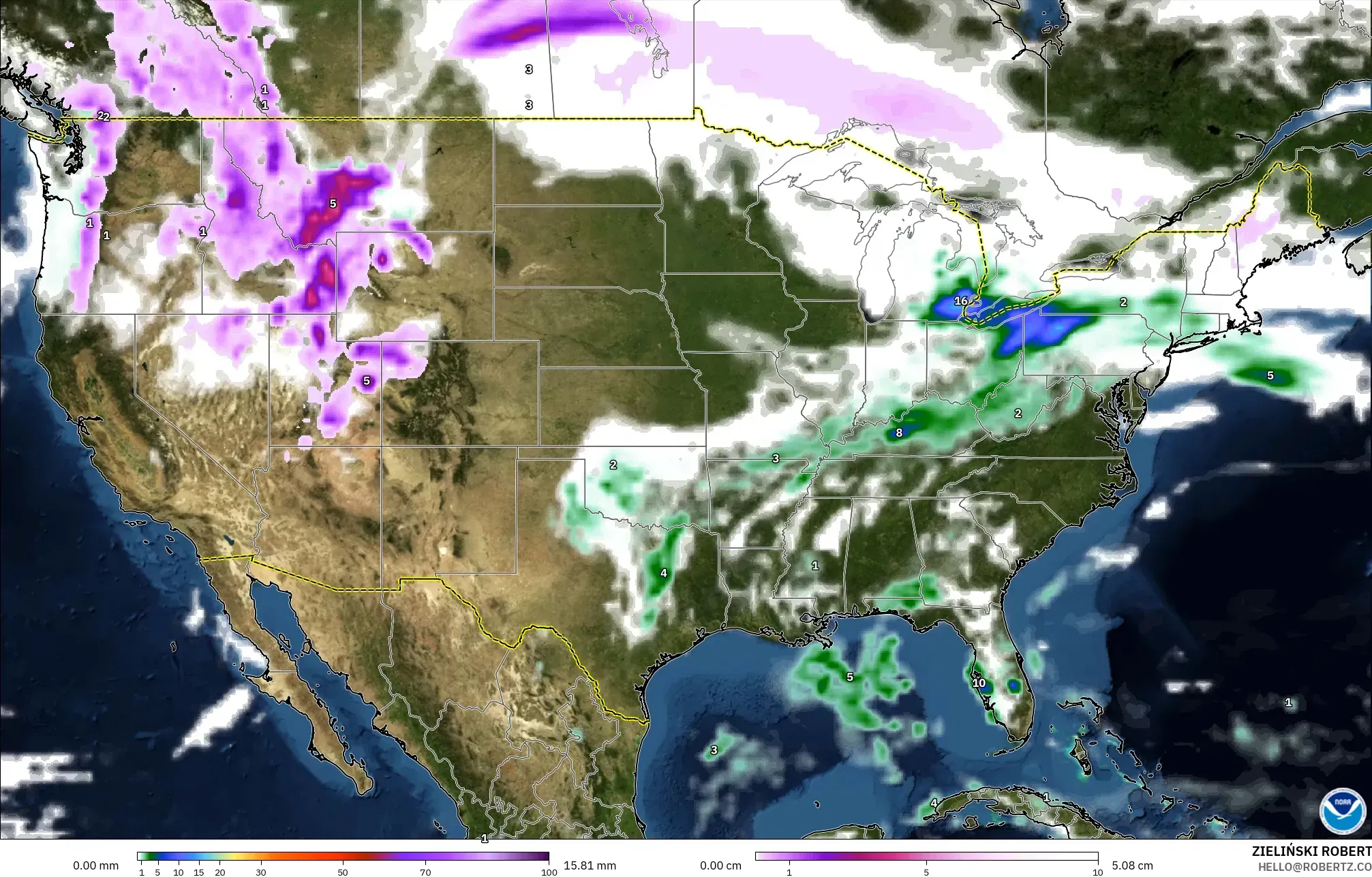 GFS model - United States, Precipitation, Clouds, and Pressure