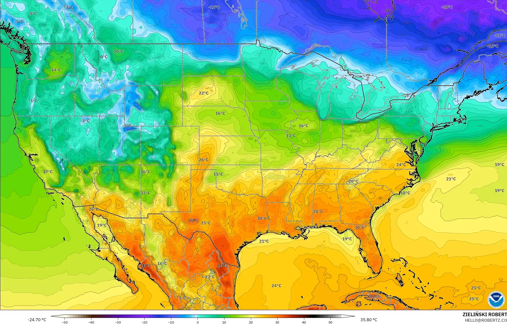 GFS model - United States, Temperature at 2m