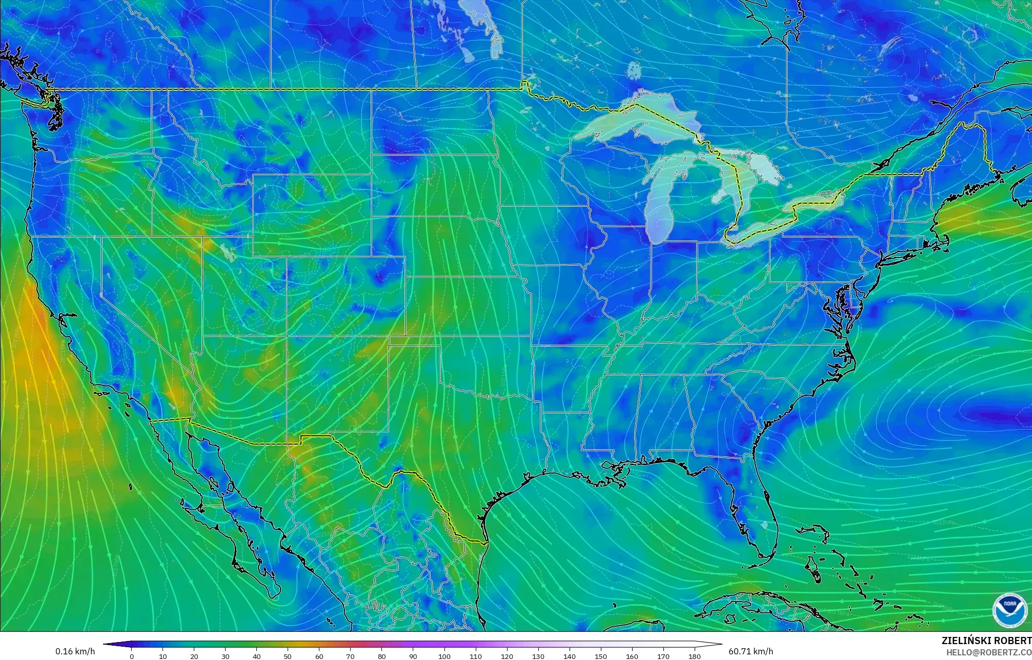 GFS model - United States, Wind at 10m