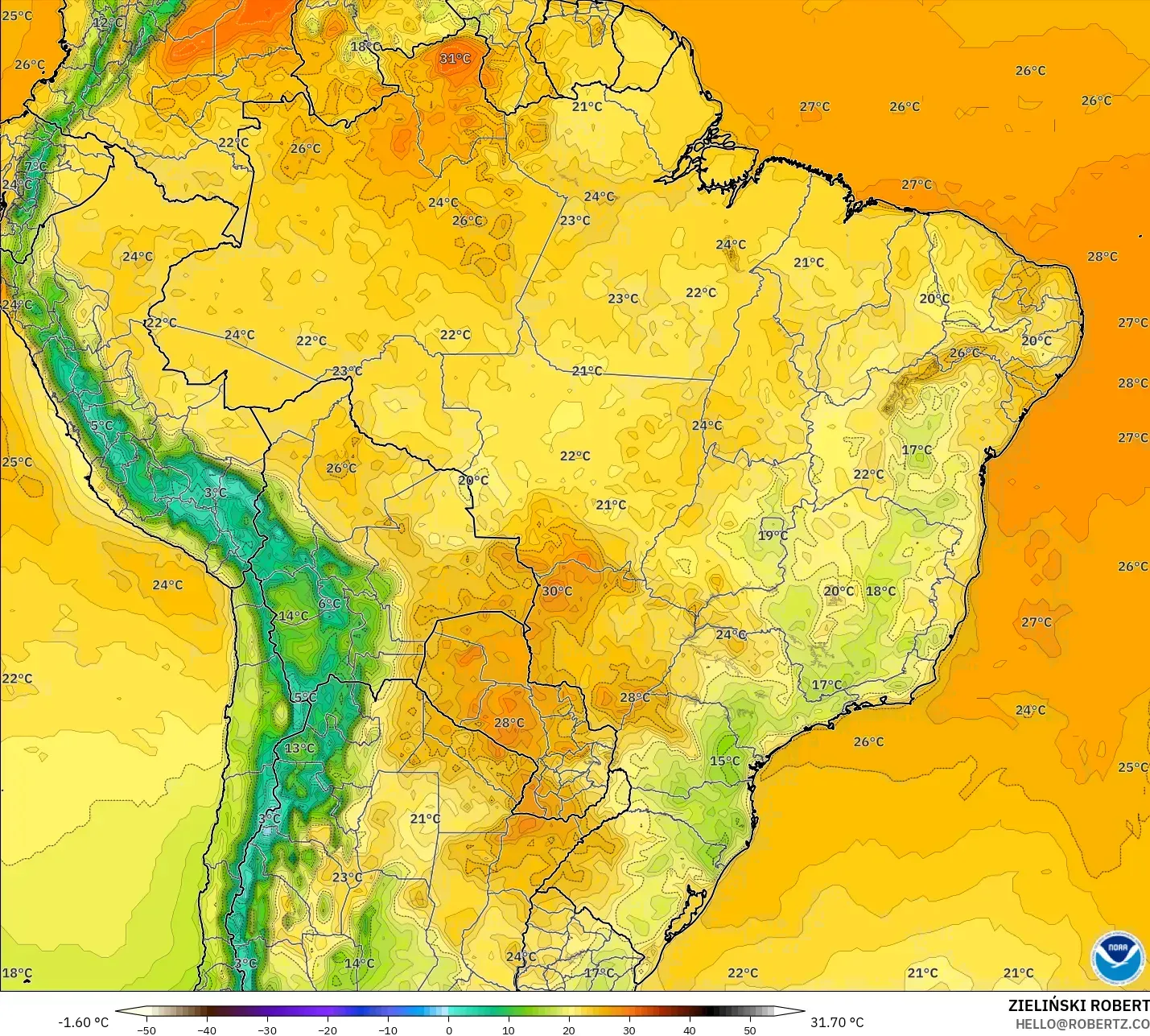 GFS model - Brazil, Temperature at 2m