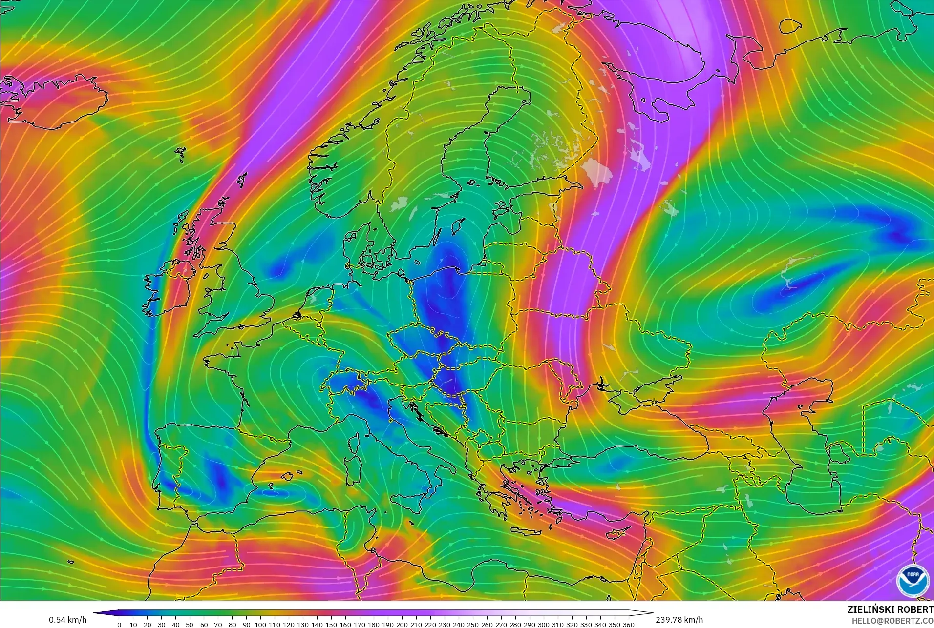 GFS model - Europe, Wind at 300hPa (jet stream)