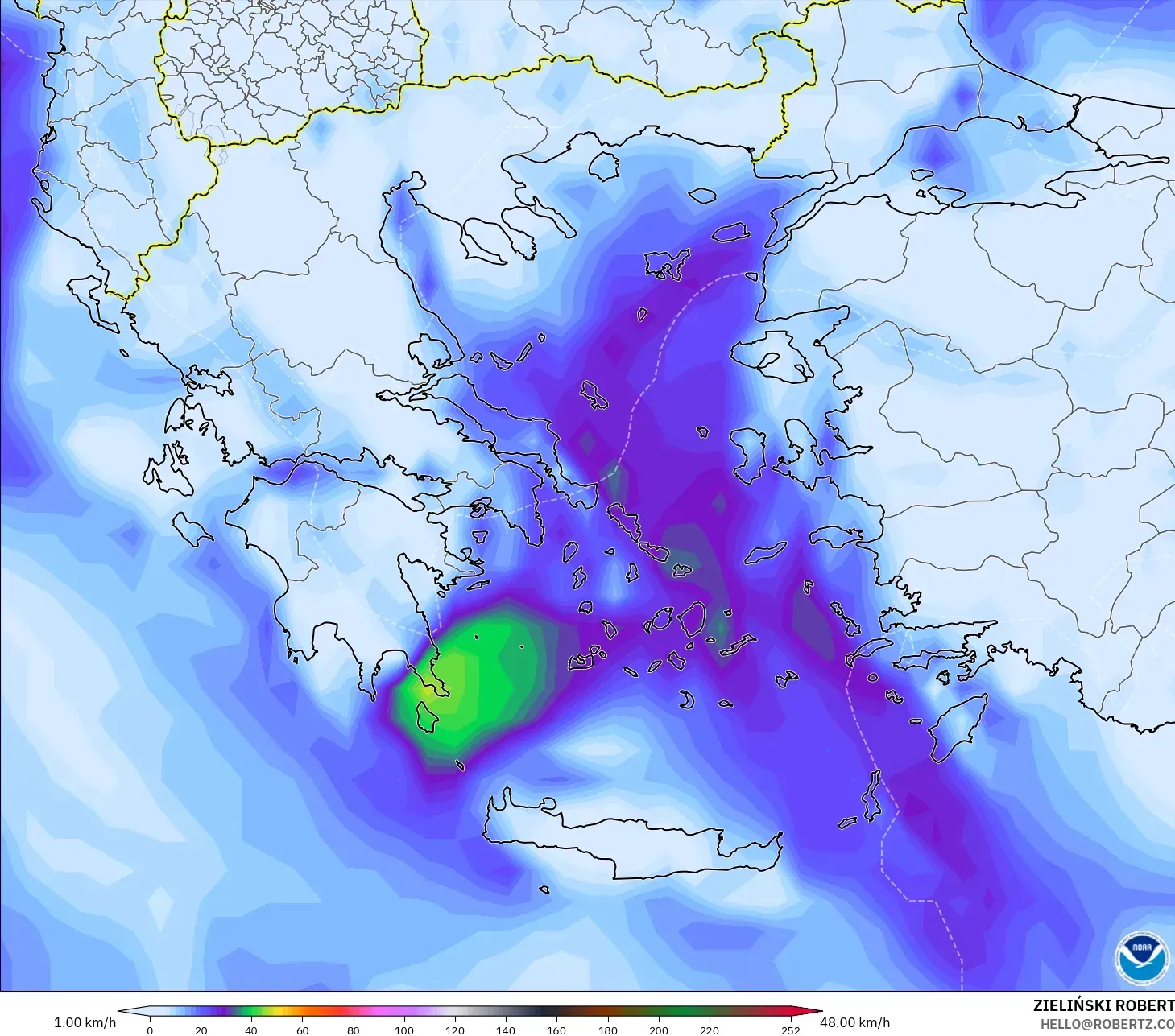 GFS model - Greece, Wind Gusts