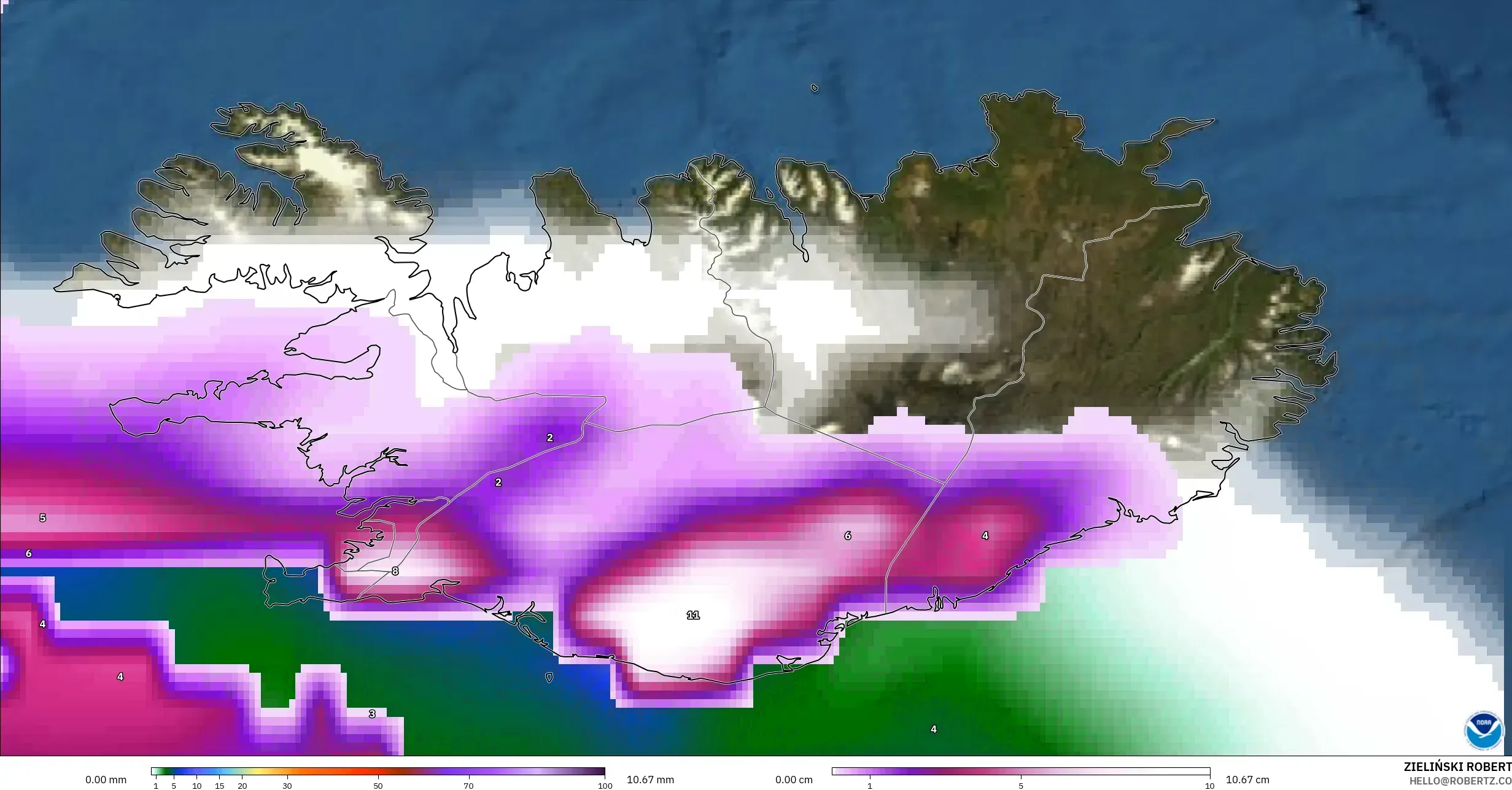 GFS model - Iceland, Precipitation, Clouds, and Pressure