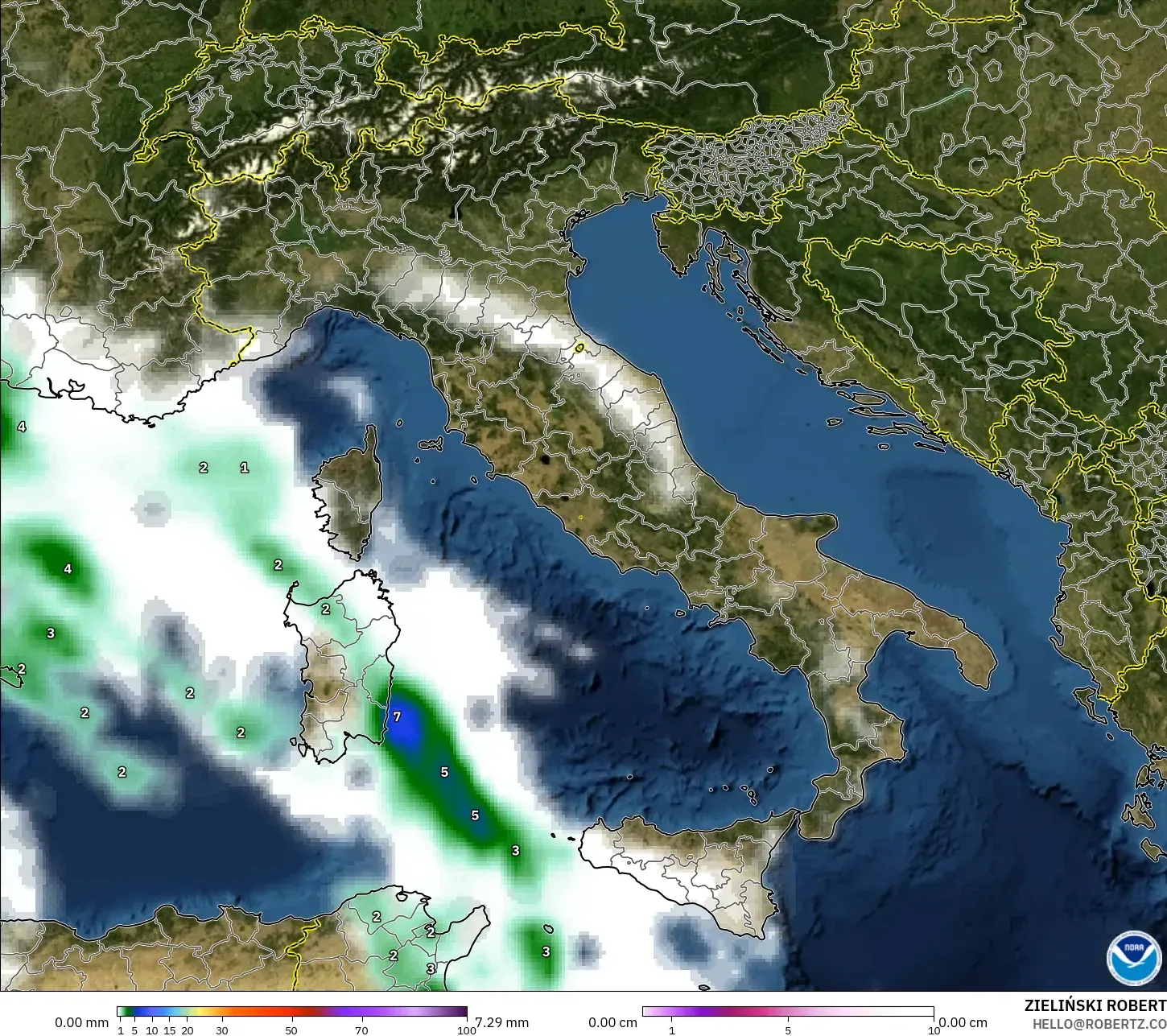 GFS model - Italy, Precipitation, Clouds, and Pressure
