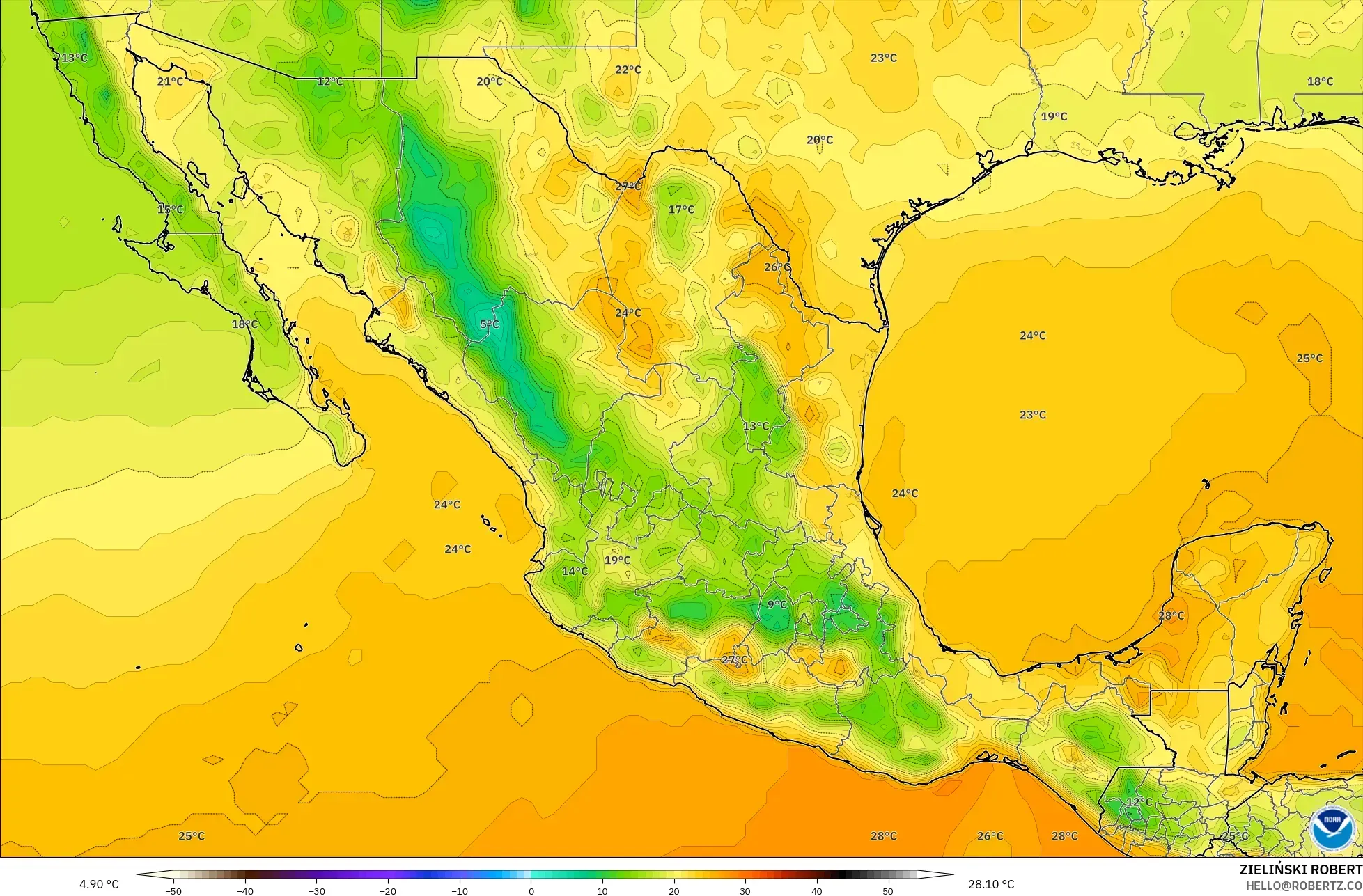 GFS model - Mexico, Temperature at 2m