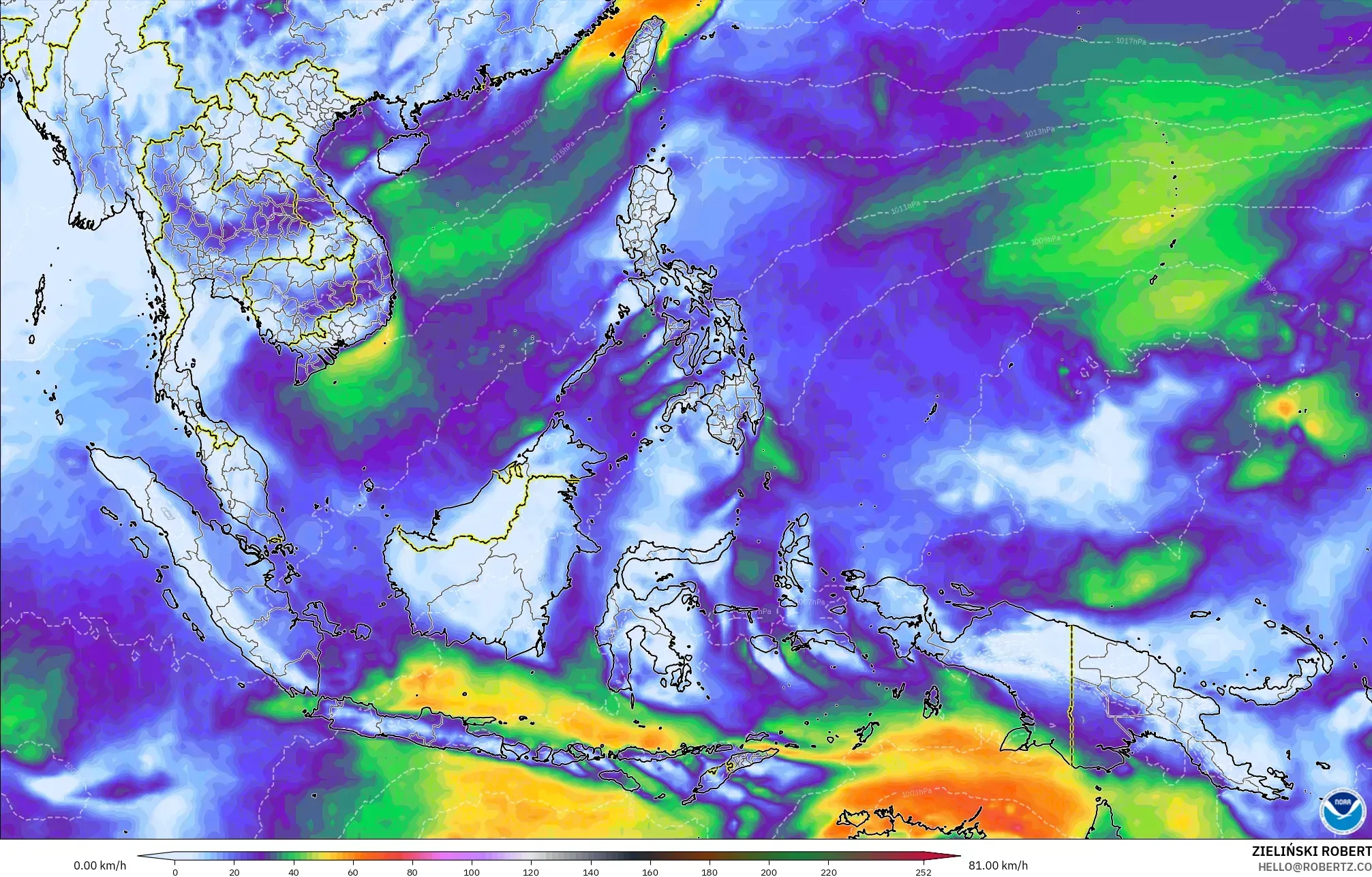 GFS model - South East Asia, Wind Gusts Peak