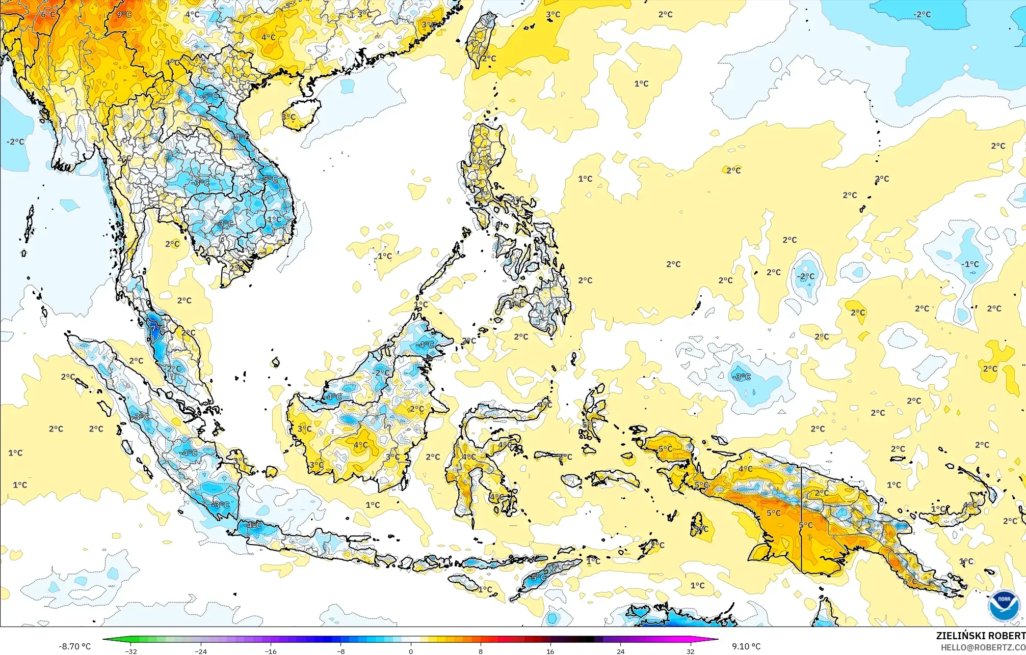 GFS model - South East Asia, Temperature at 2m Anomaly