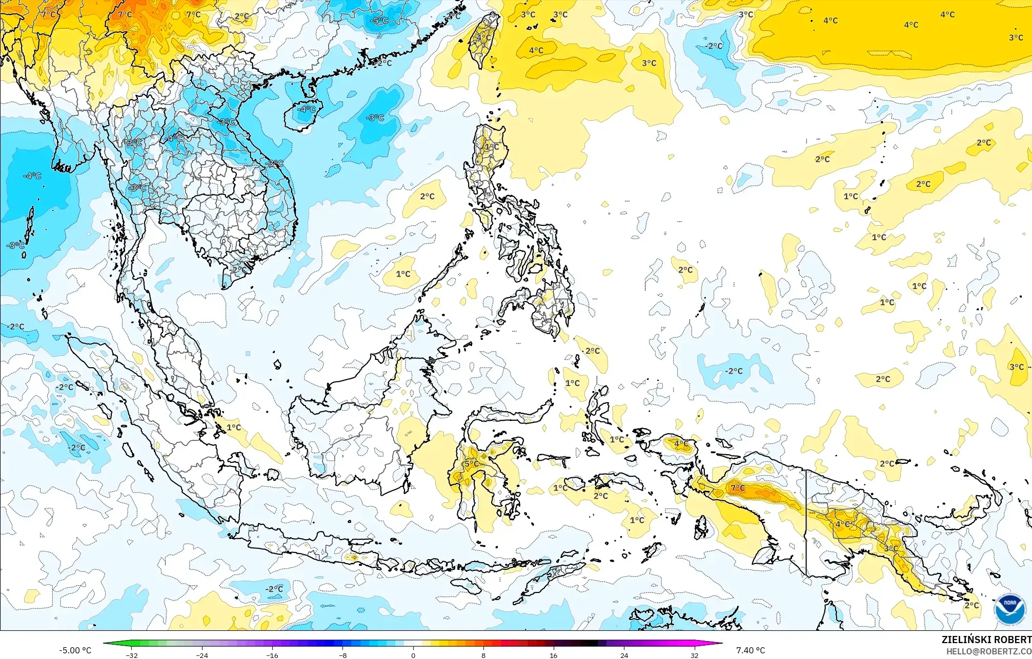 GFS model - South East Asia, Temperature at 850hPa Anomaly