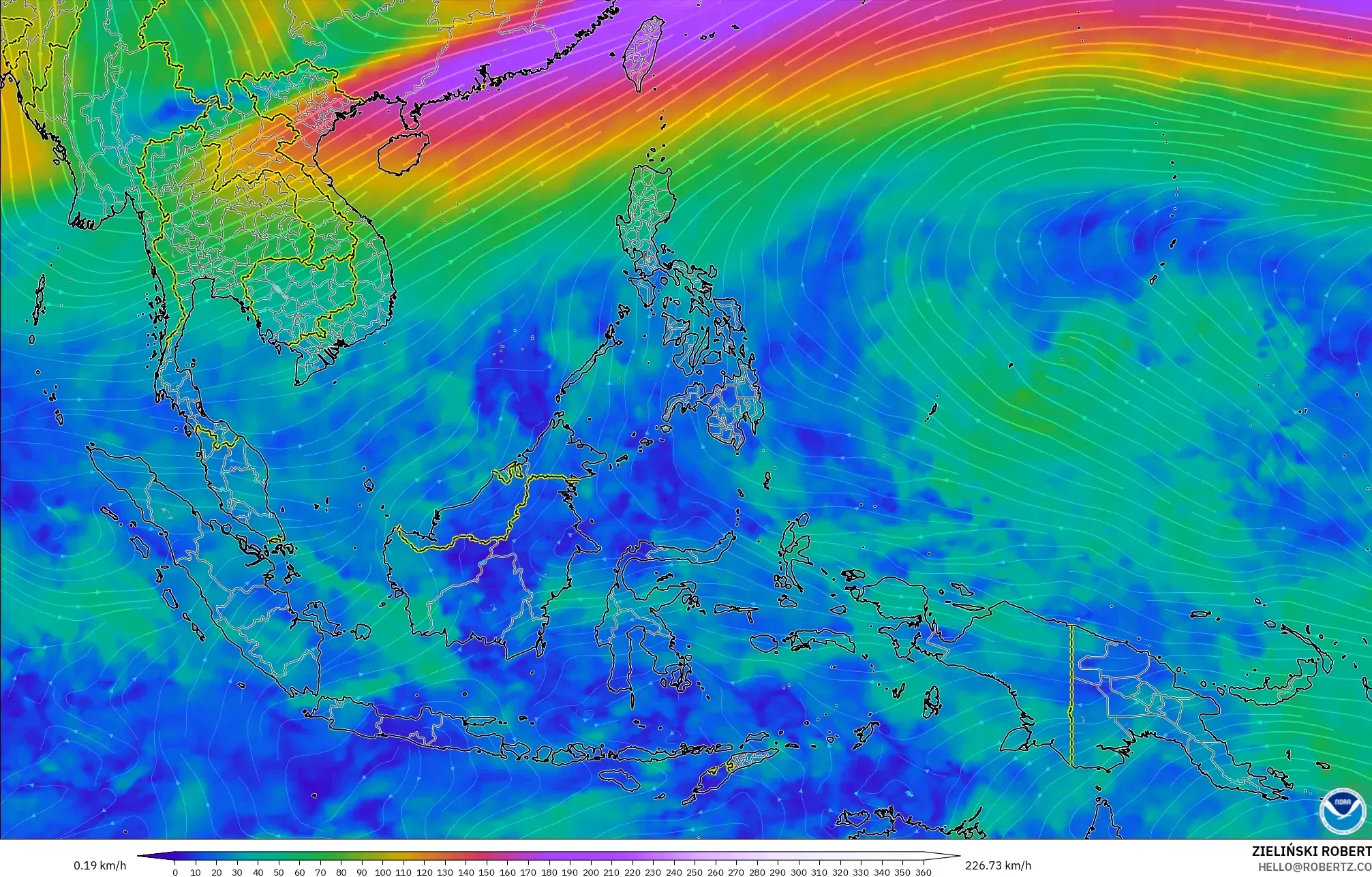 GFS model - South East Asia, Wind at 300hPa (jet stream)