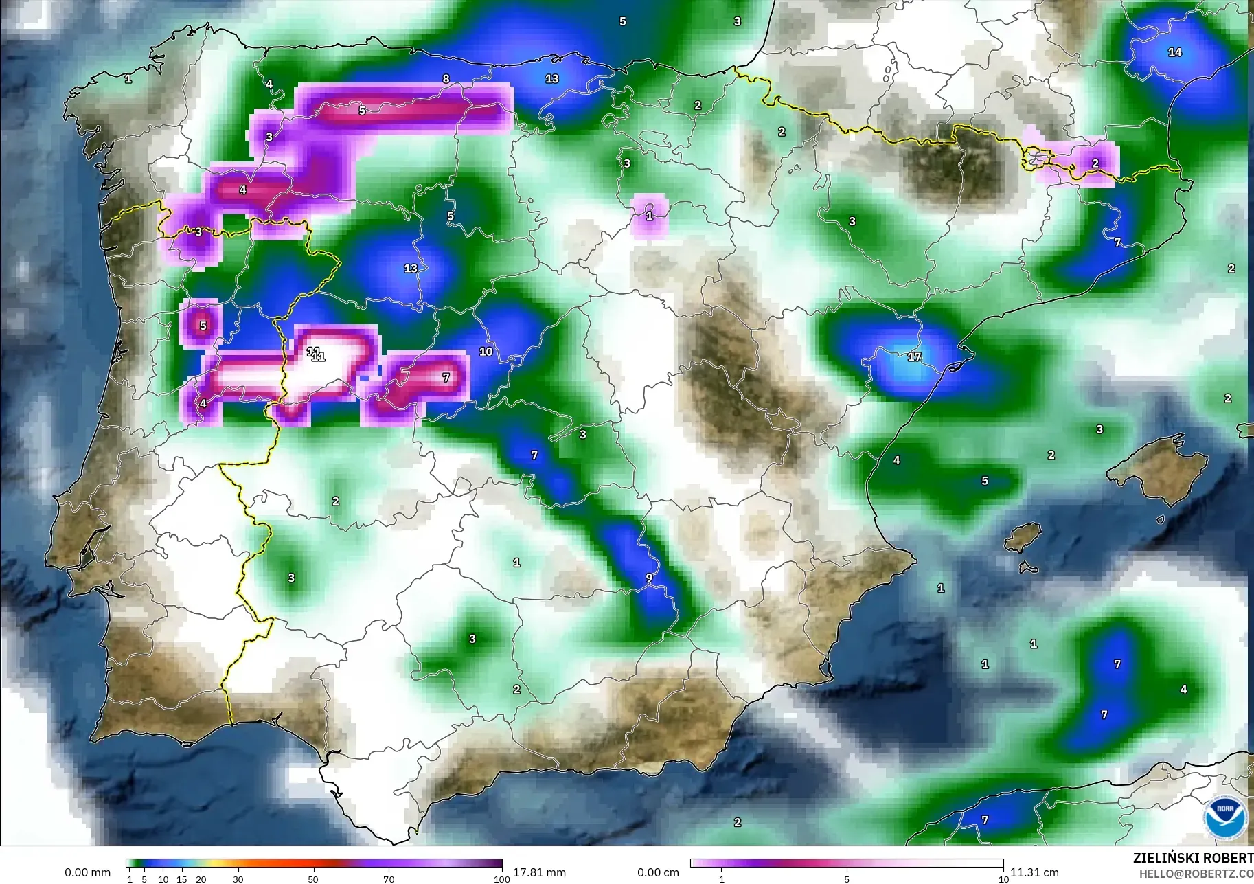 GFS model - Spain, Precipitation, Clouds, and Pressure