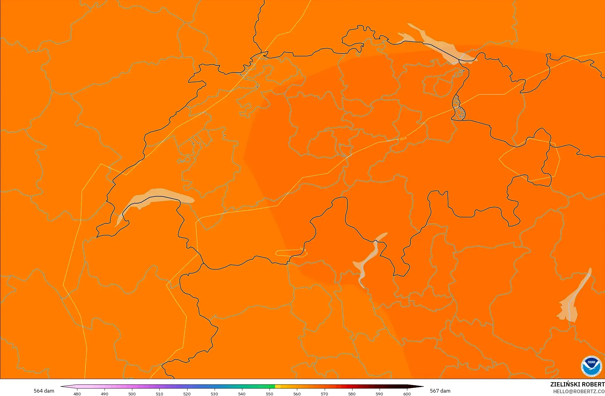 GFS model - Switzerland, Geopotential height at 500hPa