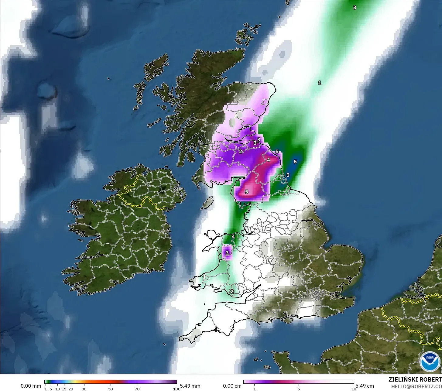 GFS model - United Kingdom, Precipitation, Clouds, and Pressure