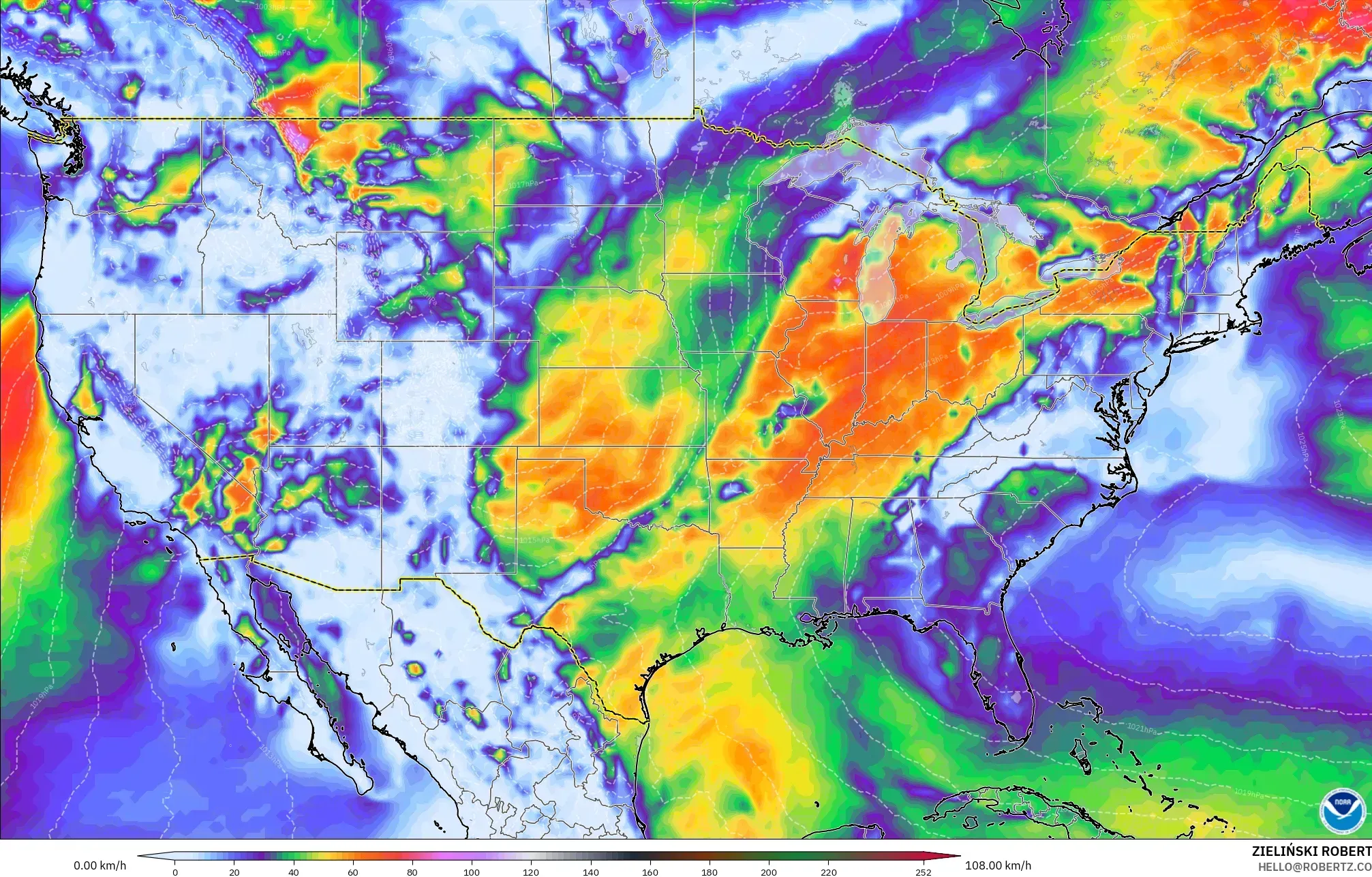 GFS model - United States, Wind Gusts