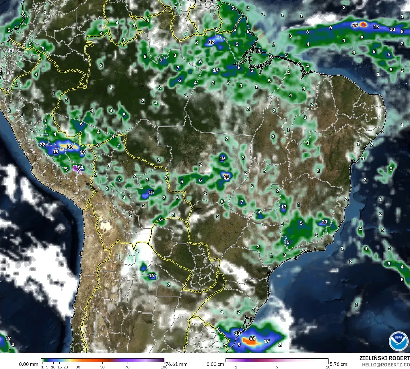 GFS model - Brazil, Precipitation, Clouds, and Pressure