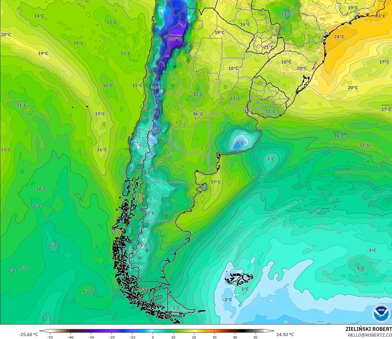 GFS model - Argentina, Dewpoint at 2m