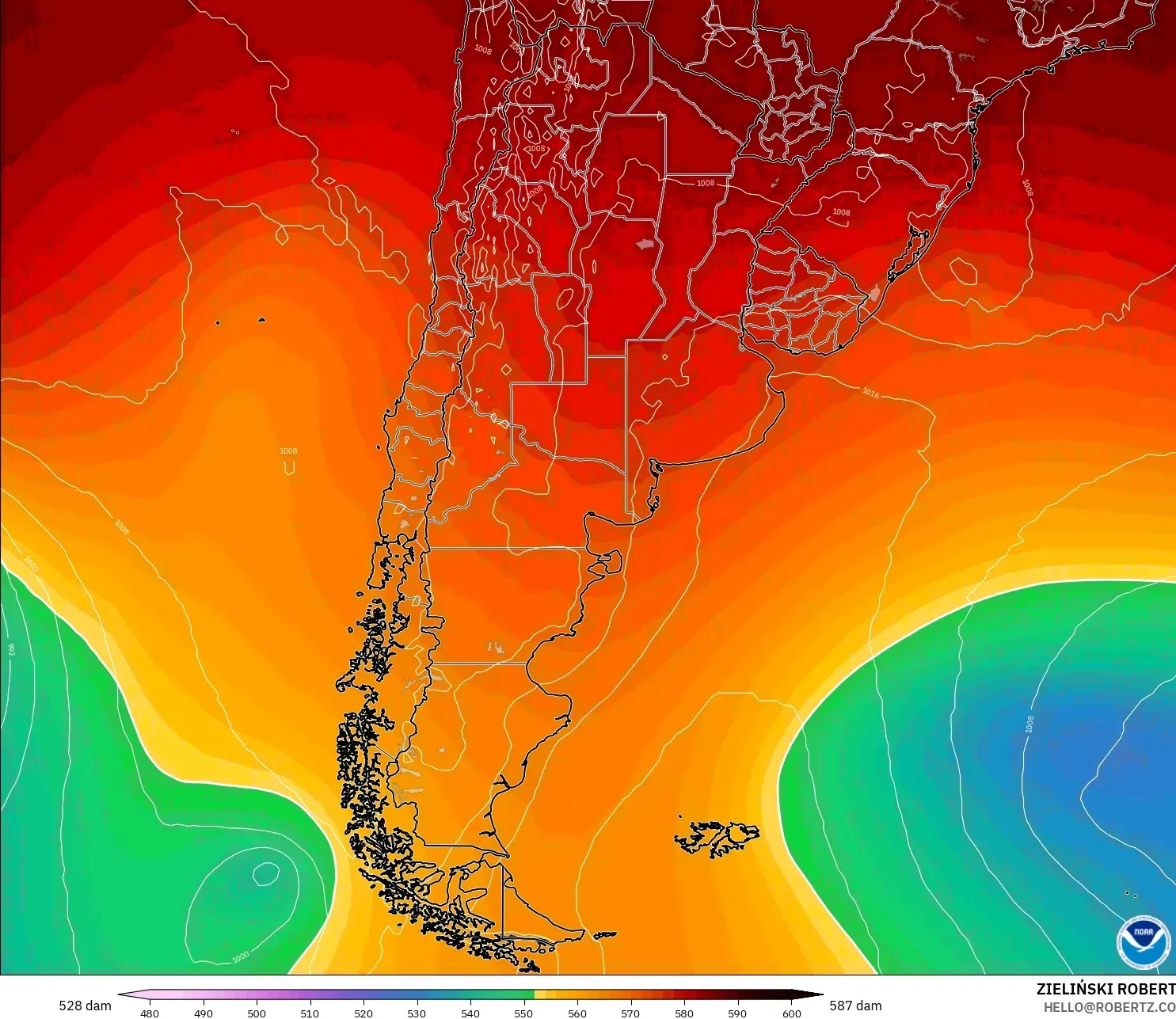 GFS model - Argentina, Geopotential height at 500hPa