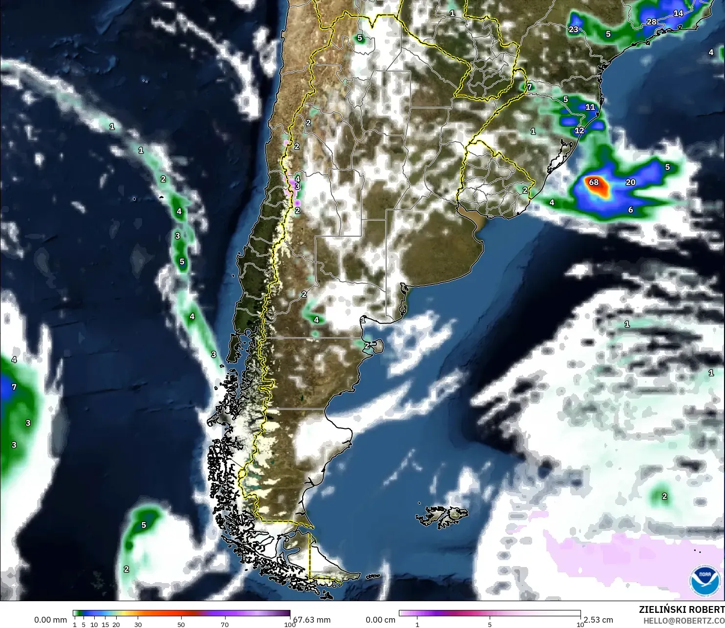 GFS model - Argentina, Precipitation, Clouds, and Pressure