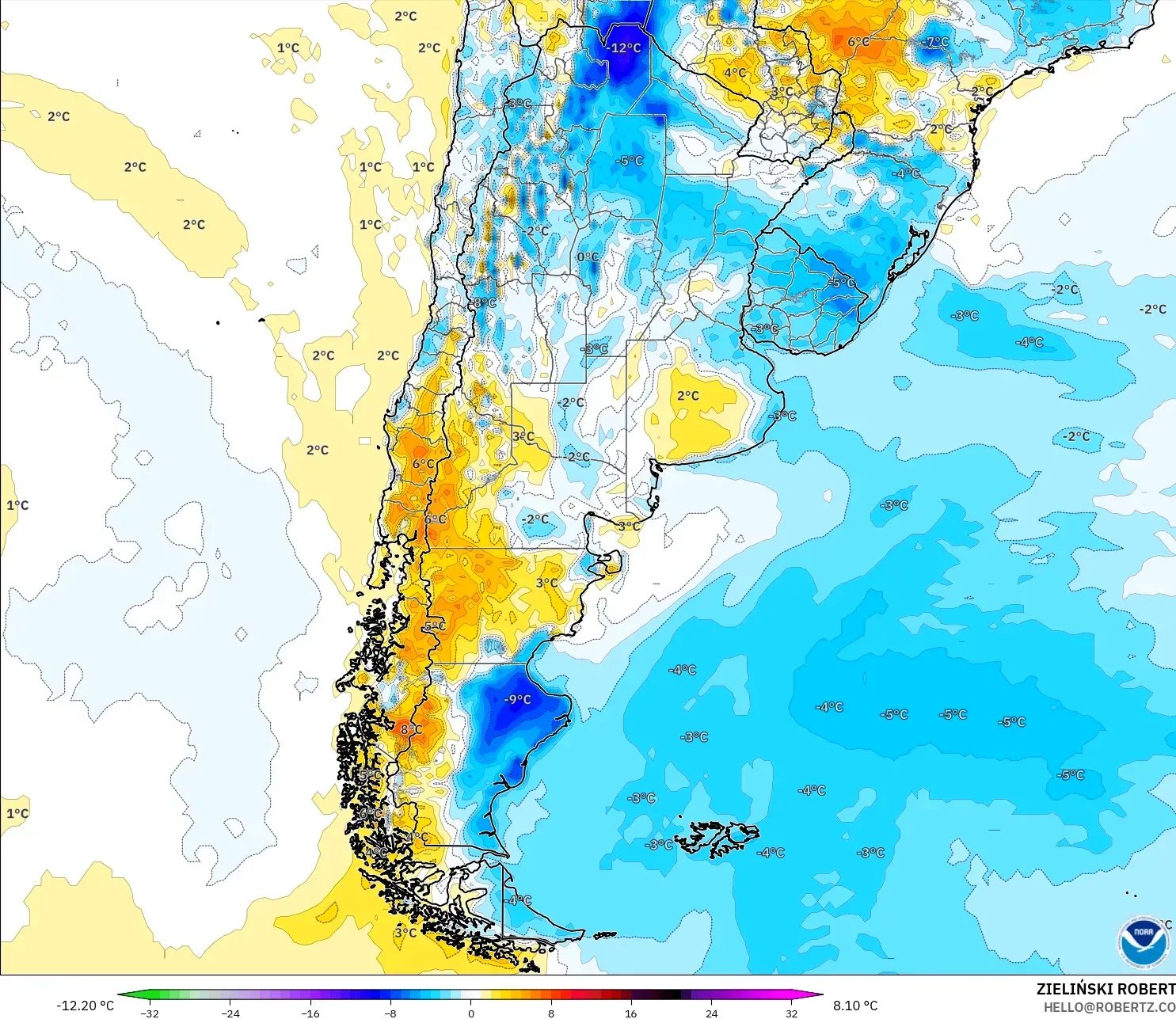 GFS model - Argentina, Temperature at 2m Anomaly