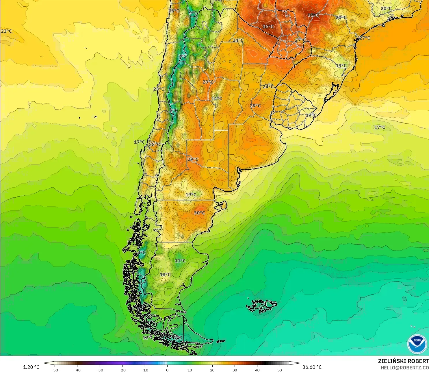 GFS model - Argentina, Temperature at 2m