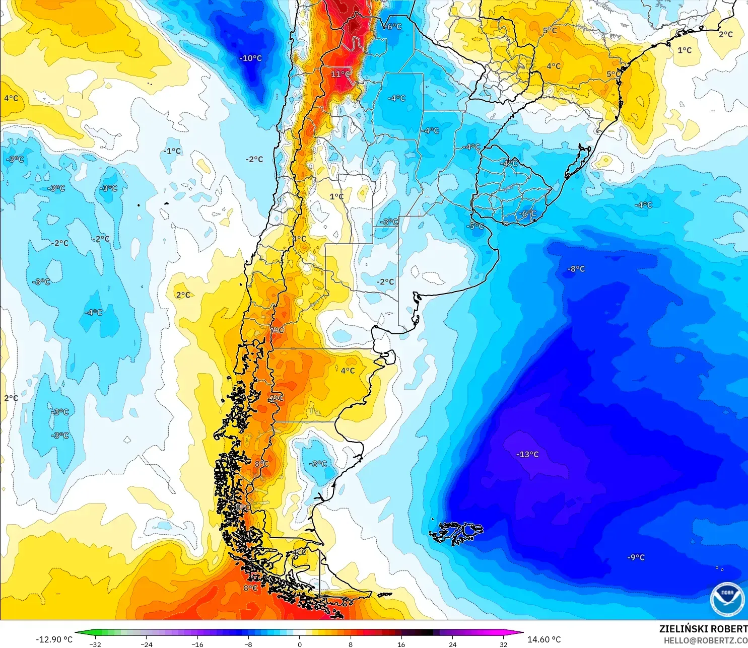 GFS model - Argentina, Temperature at 850hPa Anomaly