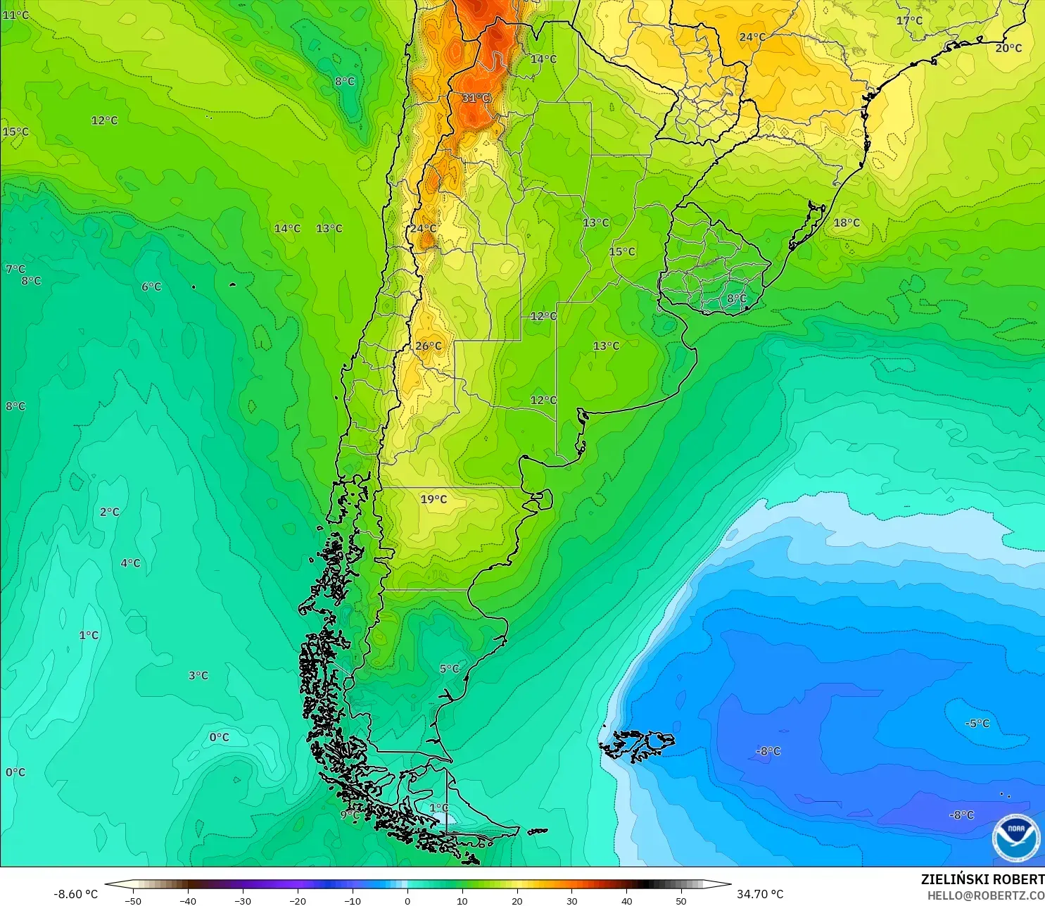 GFS model - Argentina, Temperature at 850hPa