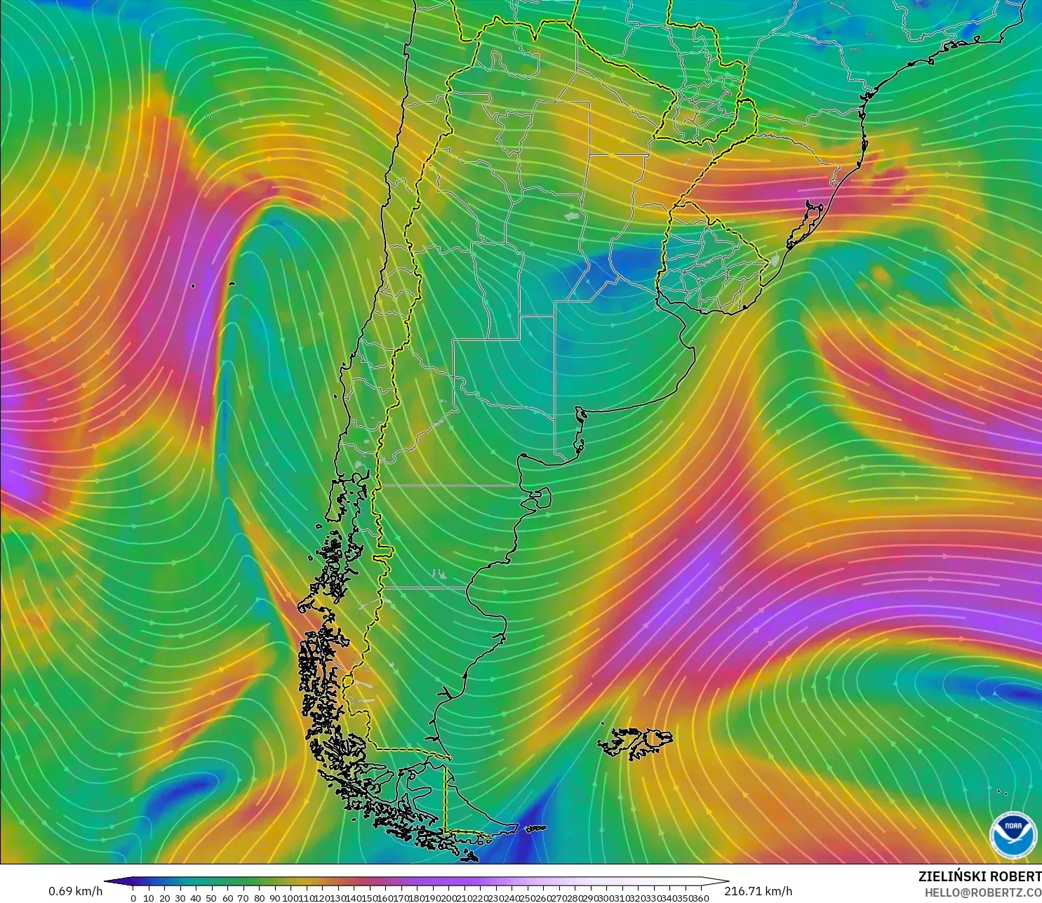 GFS model - Argentina, Wind at 300hPa (jet stream)
