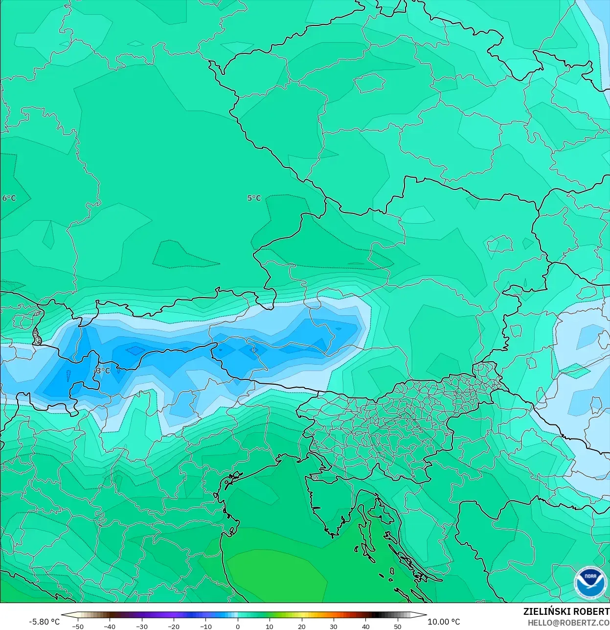 GFS model - Austria, Dewpoint at 2m