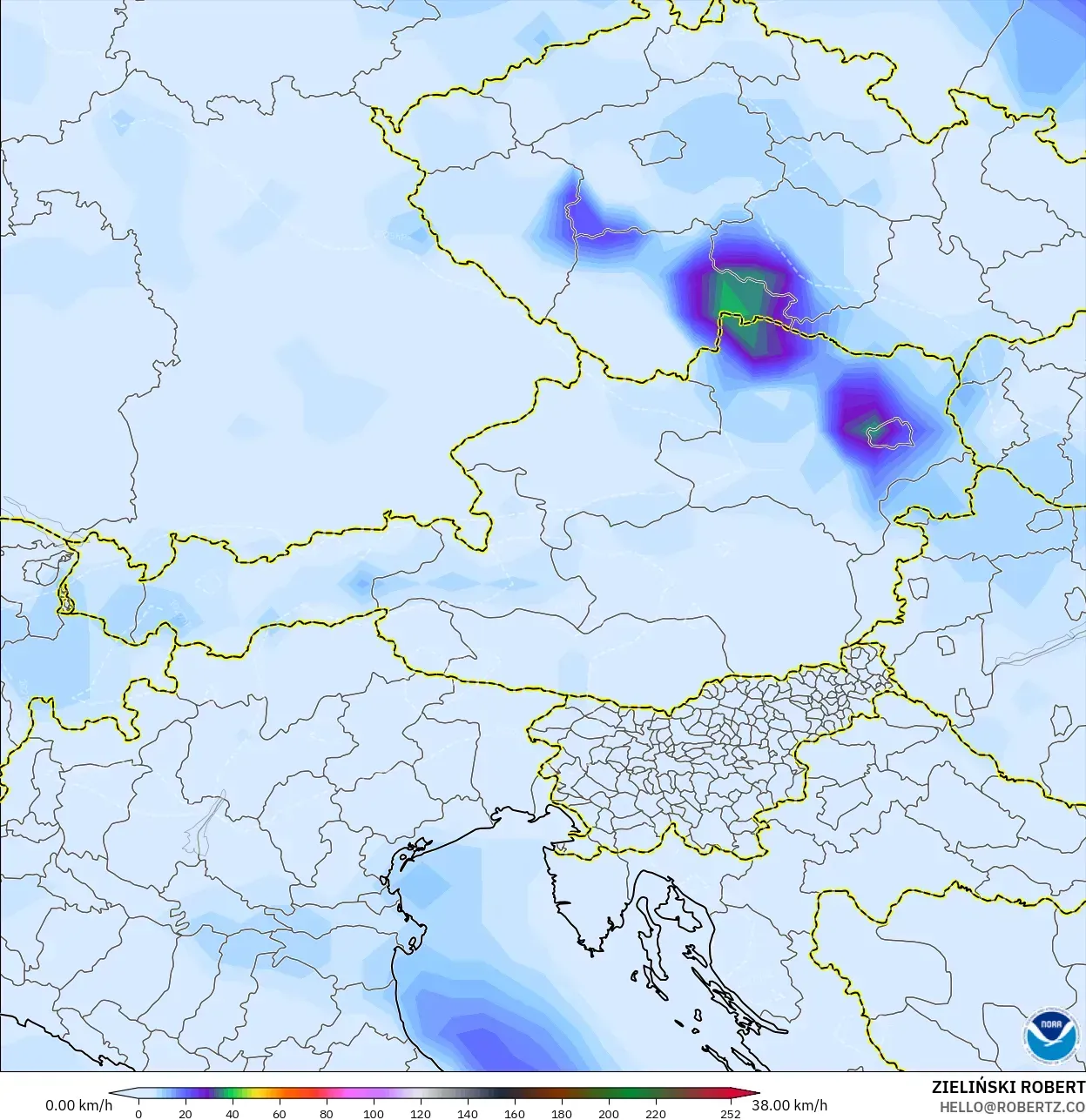 GFS model - Austria, Wind Gusts Peak