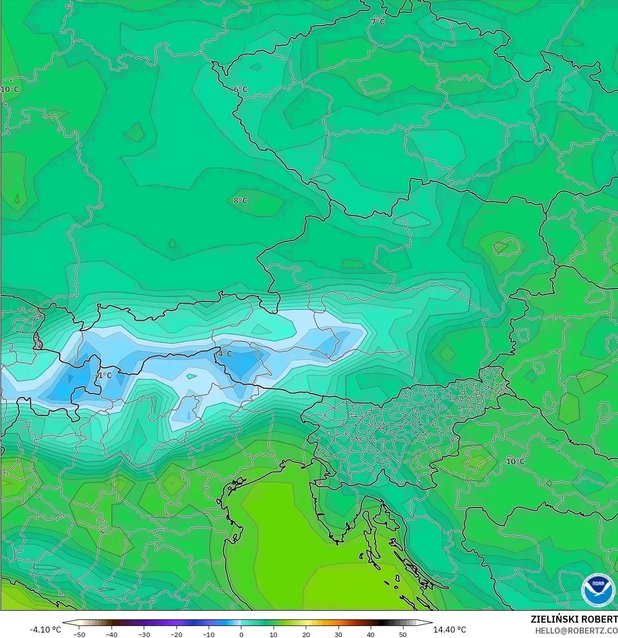 GFS model - Austria, Temperature at 2m