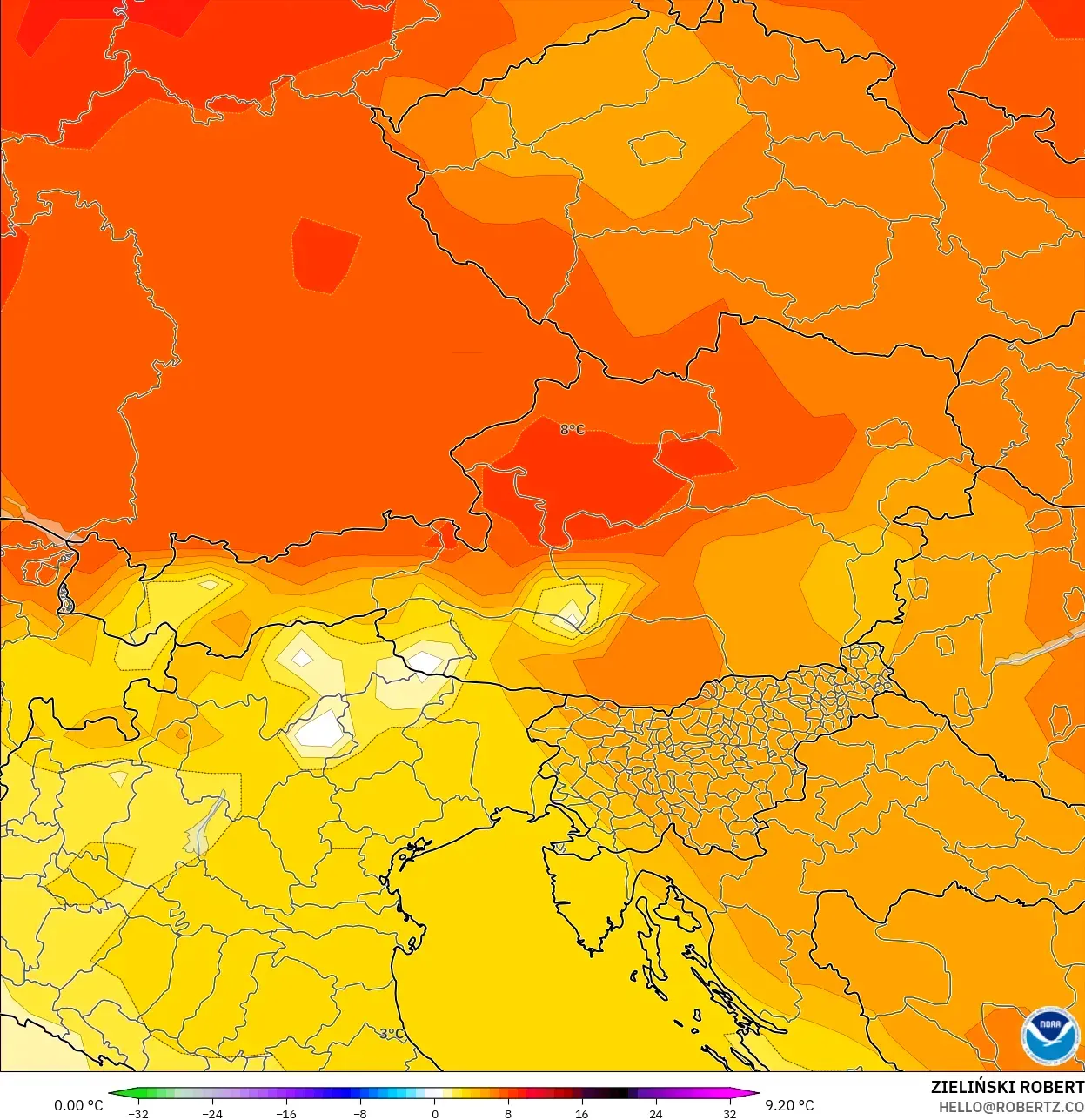 GFS model - Austria, Temperature at 850hPa Anomaly