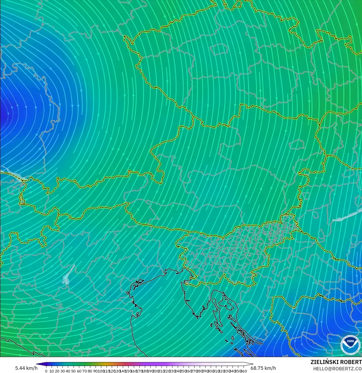 GFS model - Austria, Wind at 300hPa (jet stream)