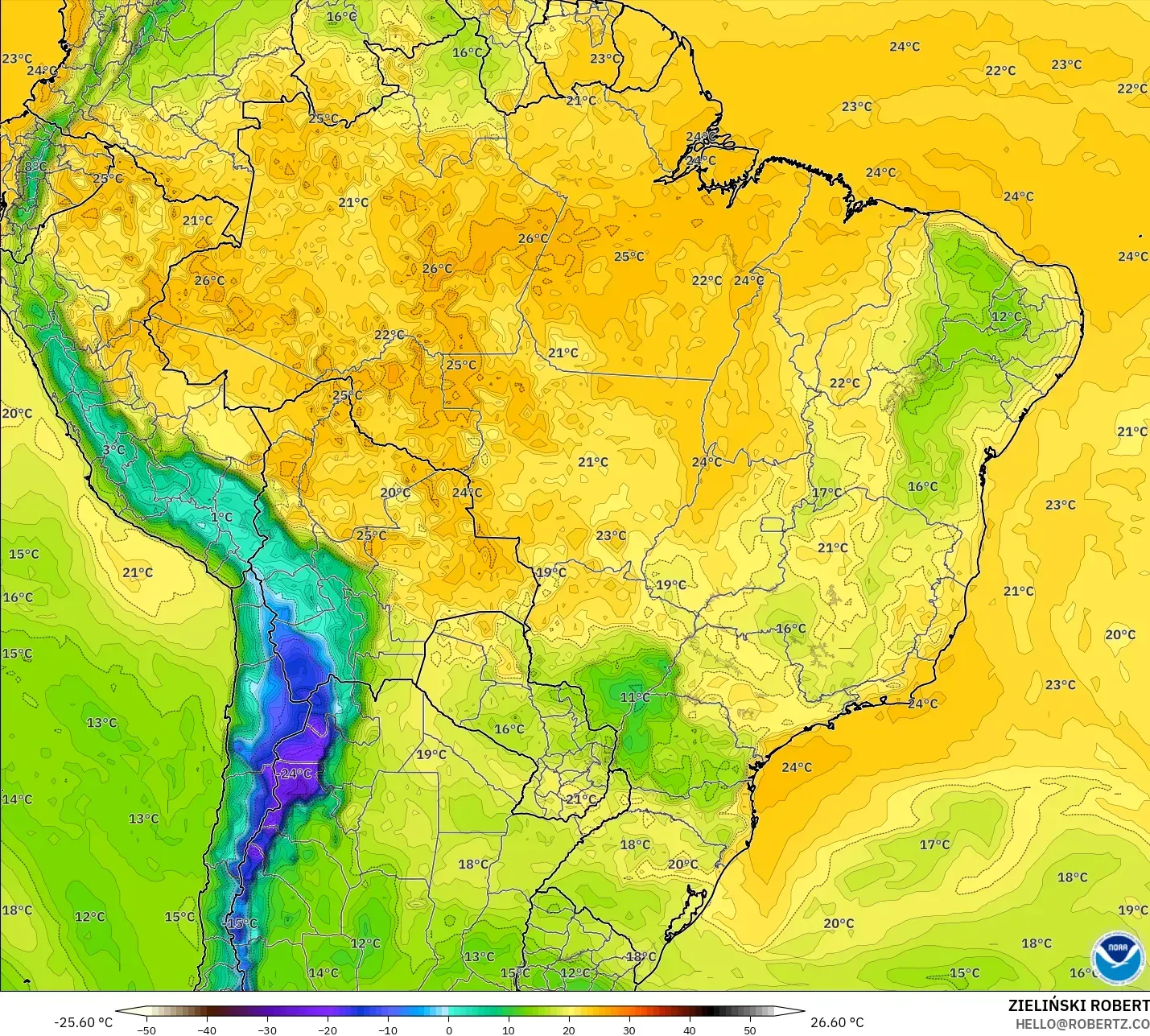 GFS model - Brazil, Dewpoint at 2m