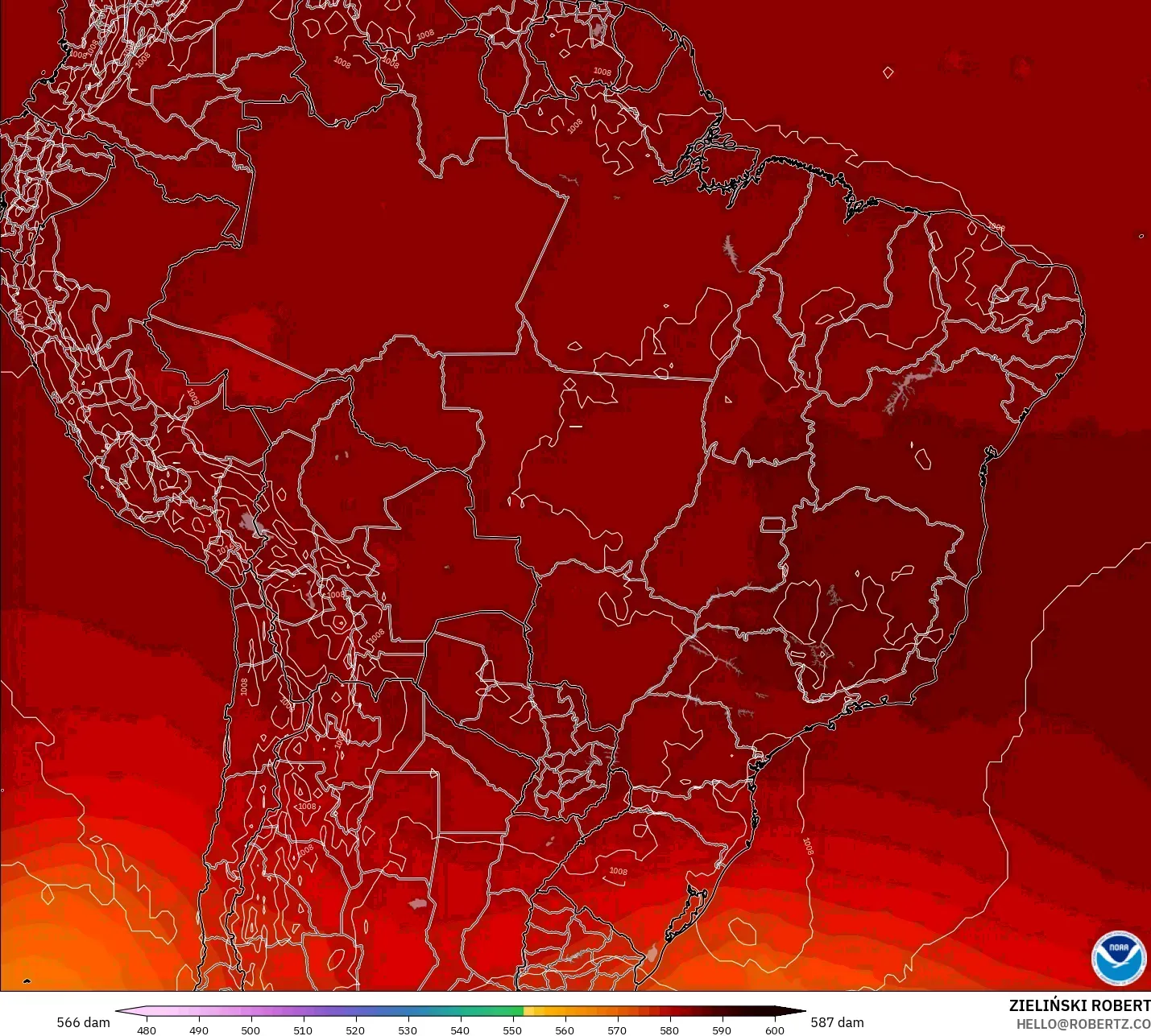 GFS model - Brazil, Geopotential height at 500hPa
