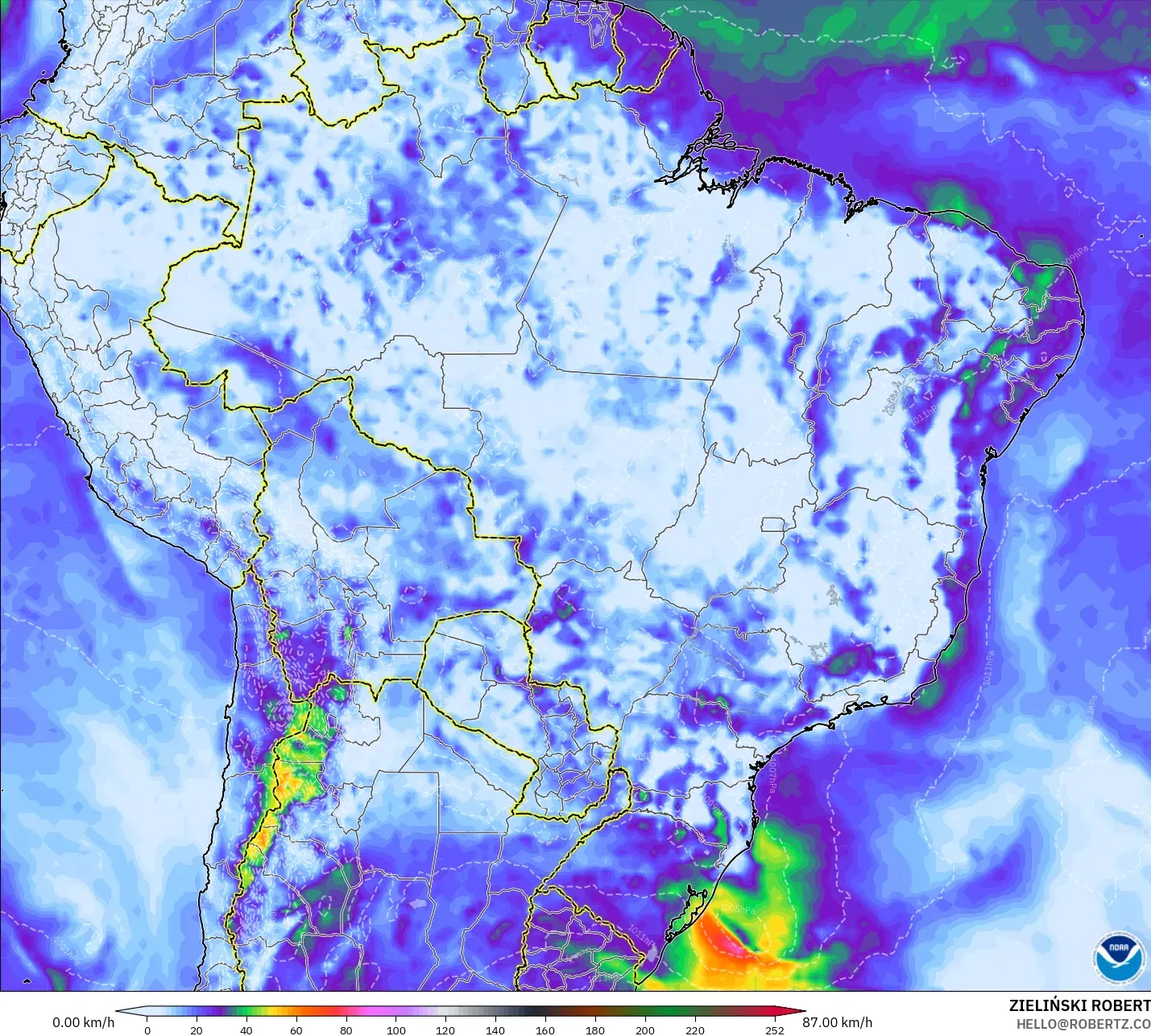 GFS model - Brazil, Wind Gusts Peak